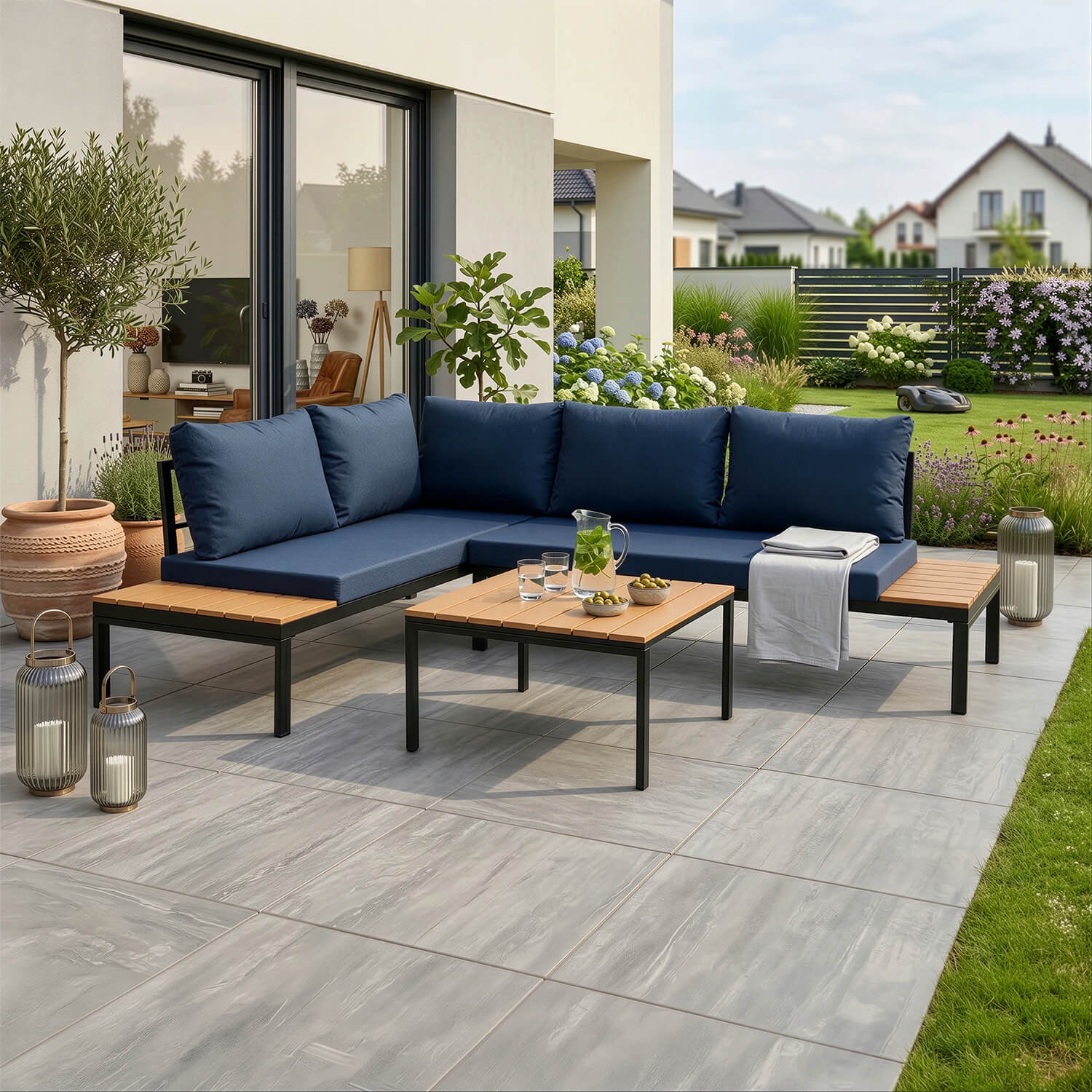 Zestaw Mebli Ogrodowych NORMAN Granatowy/Czarny Narożnik Stolik Tarasowy Metalowy Nowoczesny ME.NORMAN/GR/NAR/OGR/ZES