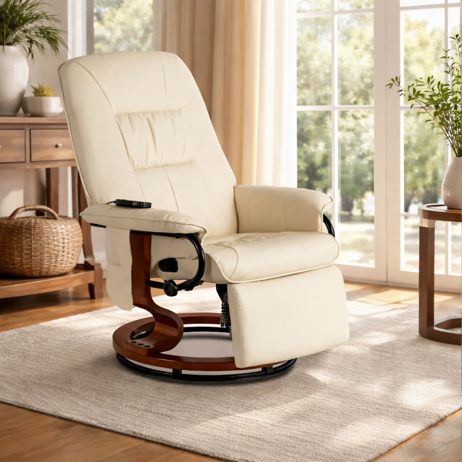 Fotel Masujący z Podnóżkiem WEST Beżowy Ekoskóra Nowoczesny ME.WEST/BZ/E/FW