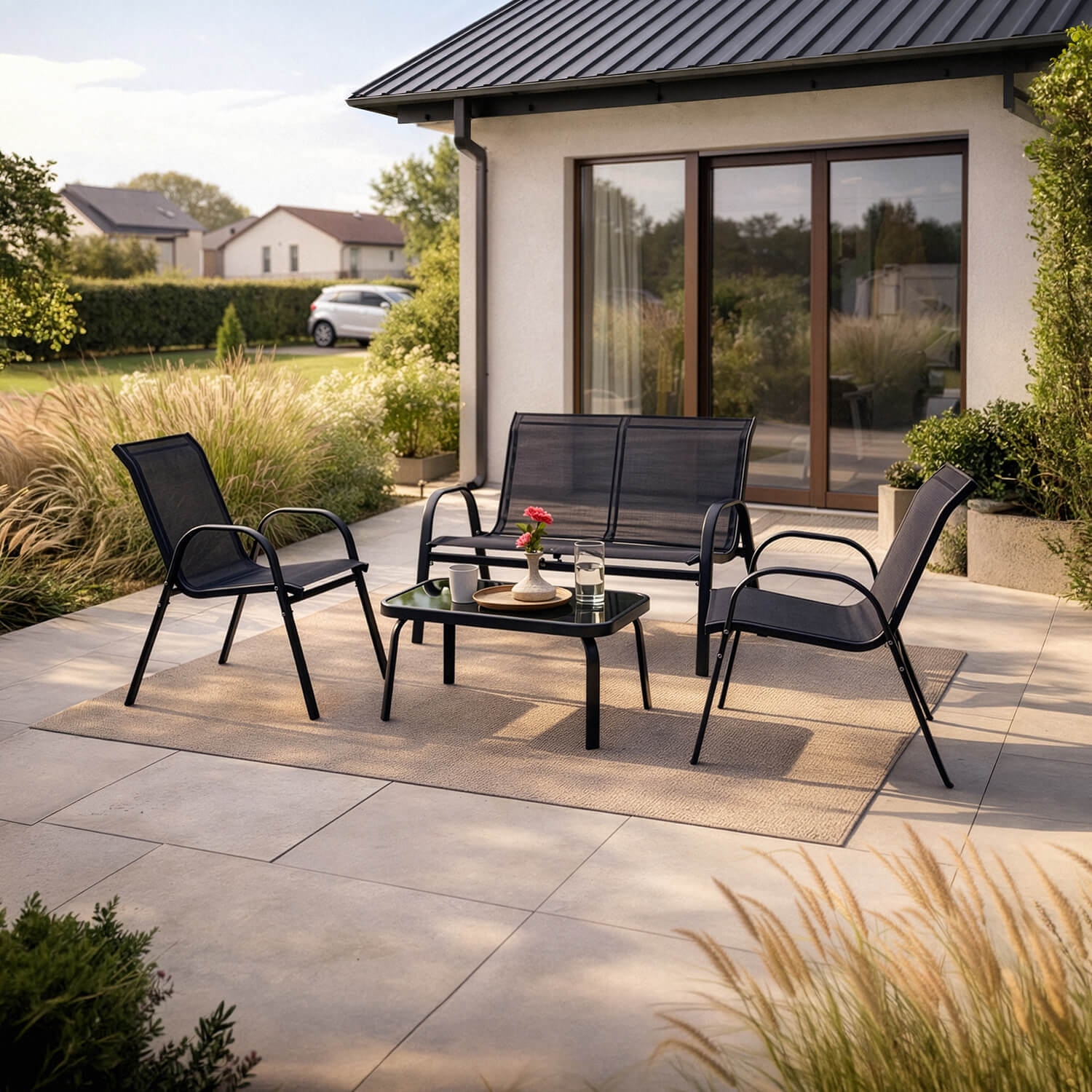 Zestaw Mebli Ogrodowych MINNESOTA Czarny Ławka Krzesła Stolik Tarasowy Siatka Nowoczesny ME.MINNESOTA/CZ/T/OGR/ZES