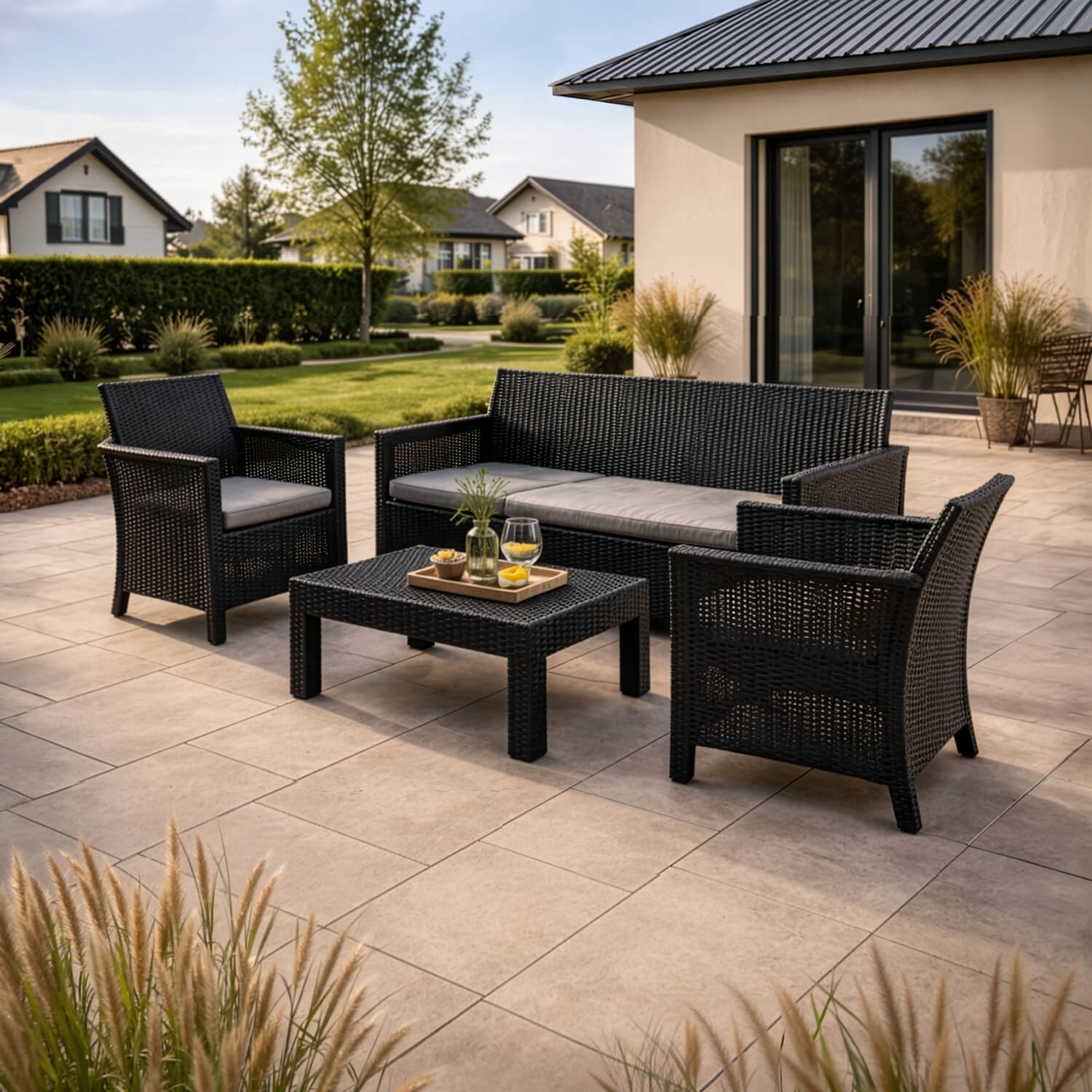 Zestaw Mebli Ogrodowych SAVIO Czarny Sofa 2x Fotel Stolik Tarasowy Technorattan Nowoczesny ME.SAVIO/CZ/RT/OGR/ZES