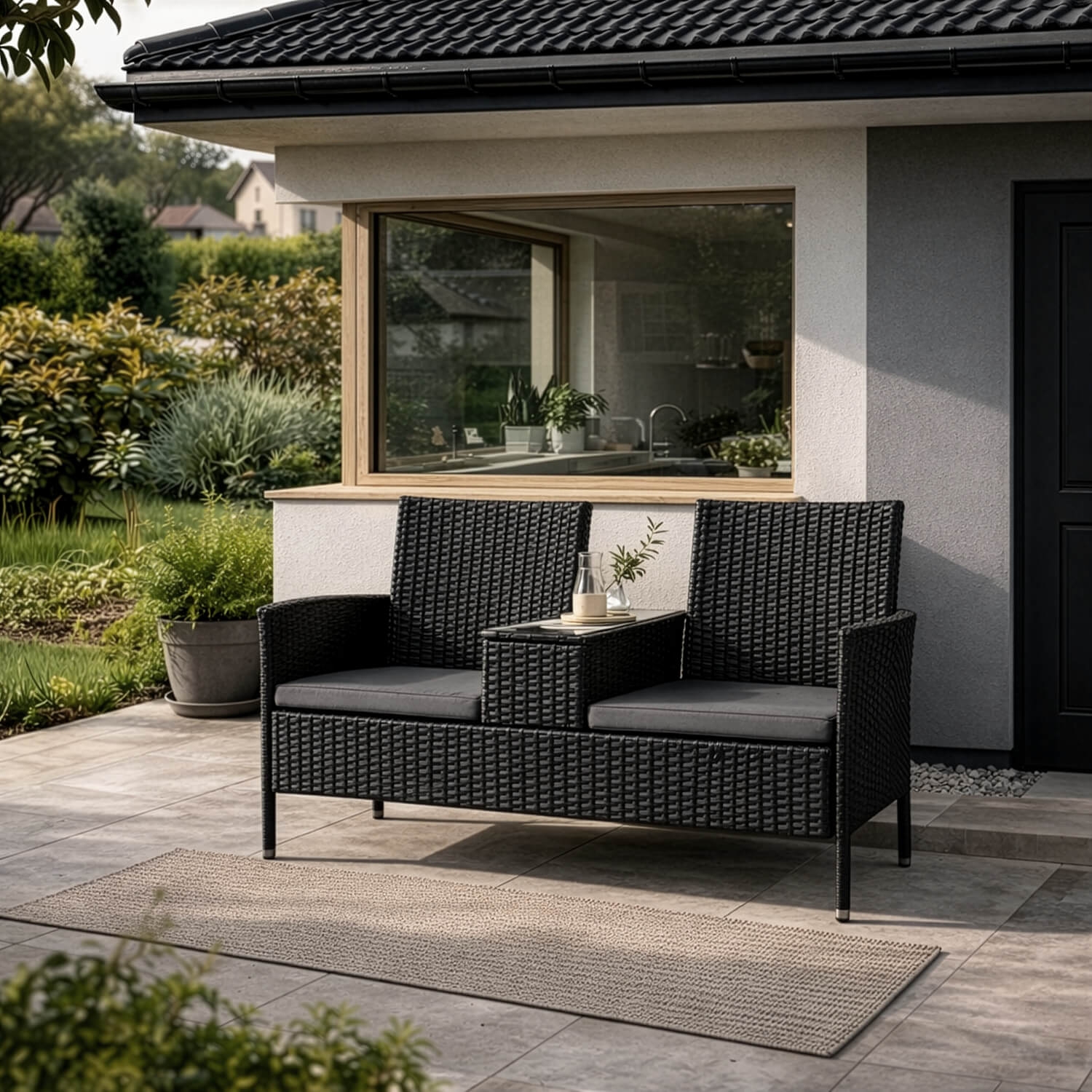 Sofa Ogrodowa Dwuosobowa ze Stolikiem KENT Technorattan Czarna ME.KENT/CZ/RAT/OGR/ZES