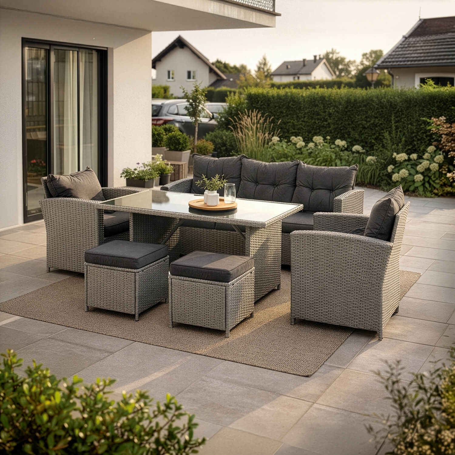 Zestaw Mebli Ogrodowych COLORADO Szary Sofa Pufy Stolik Tarasowy Technorattan Nowoczesny ME.COLORADO/P/RT/OGR/ZES