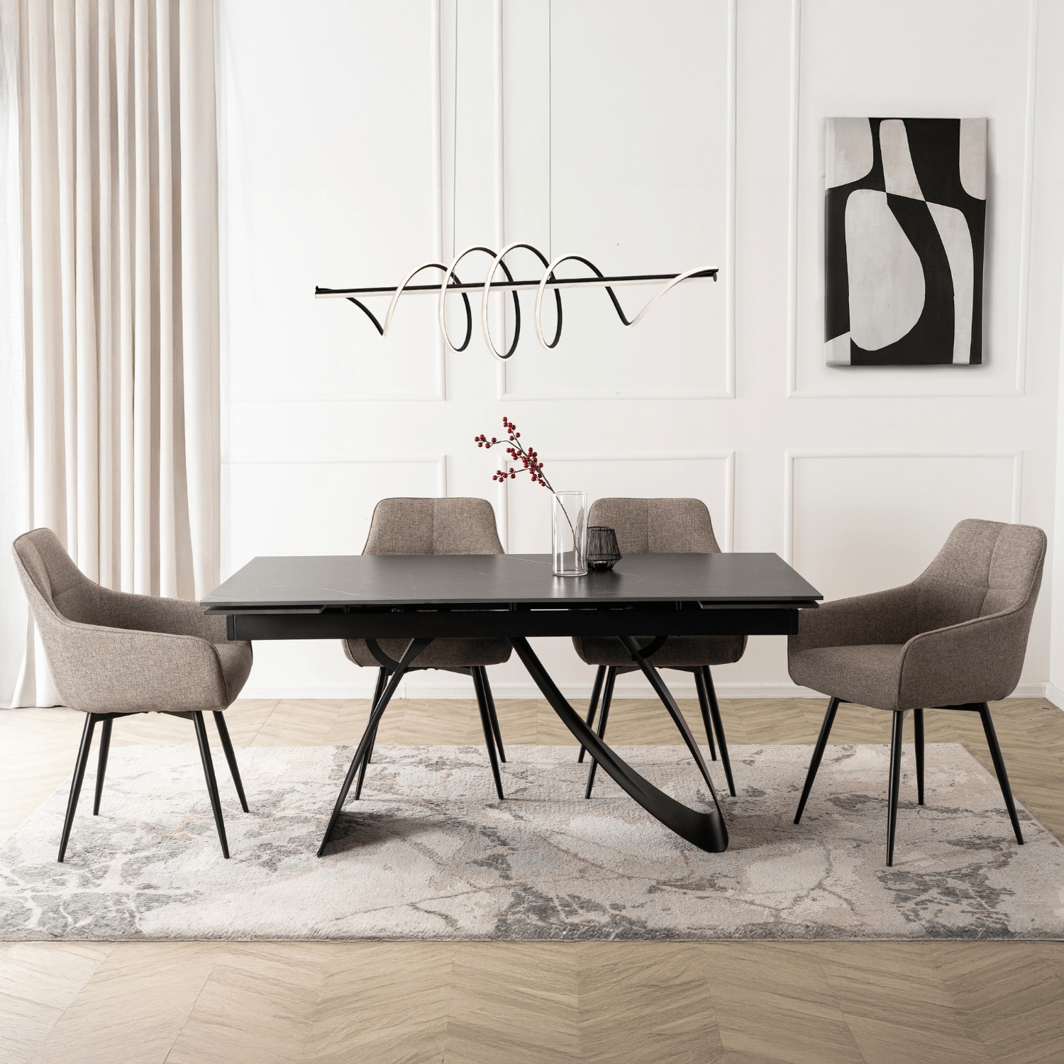 Zestaw Stół Rozkładany DEVON 160-220 cm Czarny Marmur/Czarny i 4 Krzesła LARISA Cappuccino ME.DEVON/CZ/CZ/S160-220:1|ME.LARISA/CAP/CZ/T/K:4