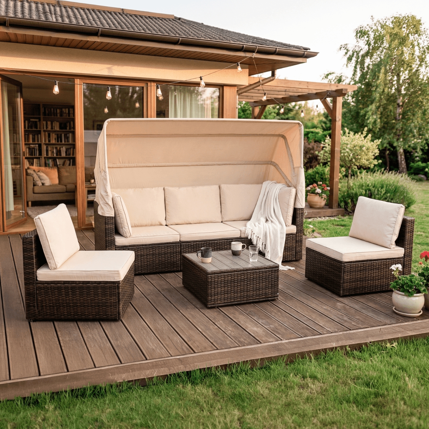 Zestaw Mebli Ogrodowych CALIENTE Modułowy Sofa 2x Fotel Stolik Tarasowy Brązowy/Beżowy Technorattan Nowoczesny ME.CALIENTE/BR/RT/OGR/ZES