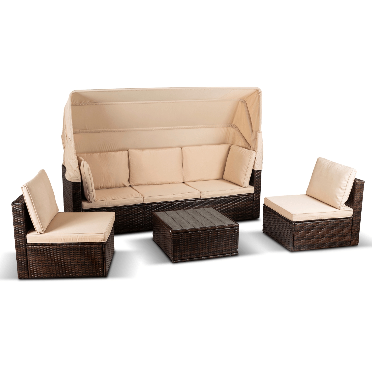 Zestaw Mebli Ogrodowych CALIENTE Modułowy Sofa 2x Fotel Stolik Tarasowy Brązowy/Beżowy Technorattan Nowoczesny ME.CALIENTE/BR/RT/OGR/ZES