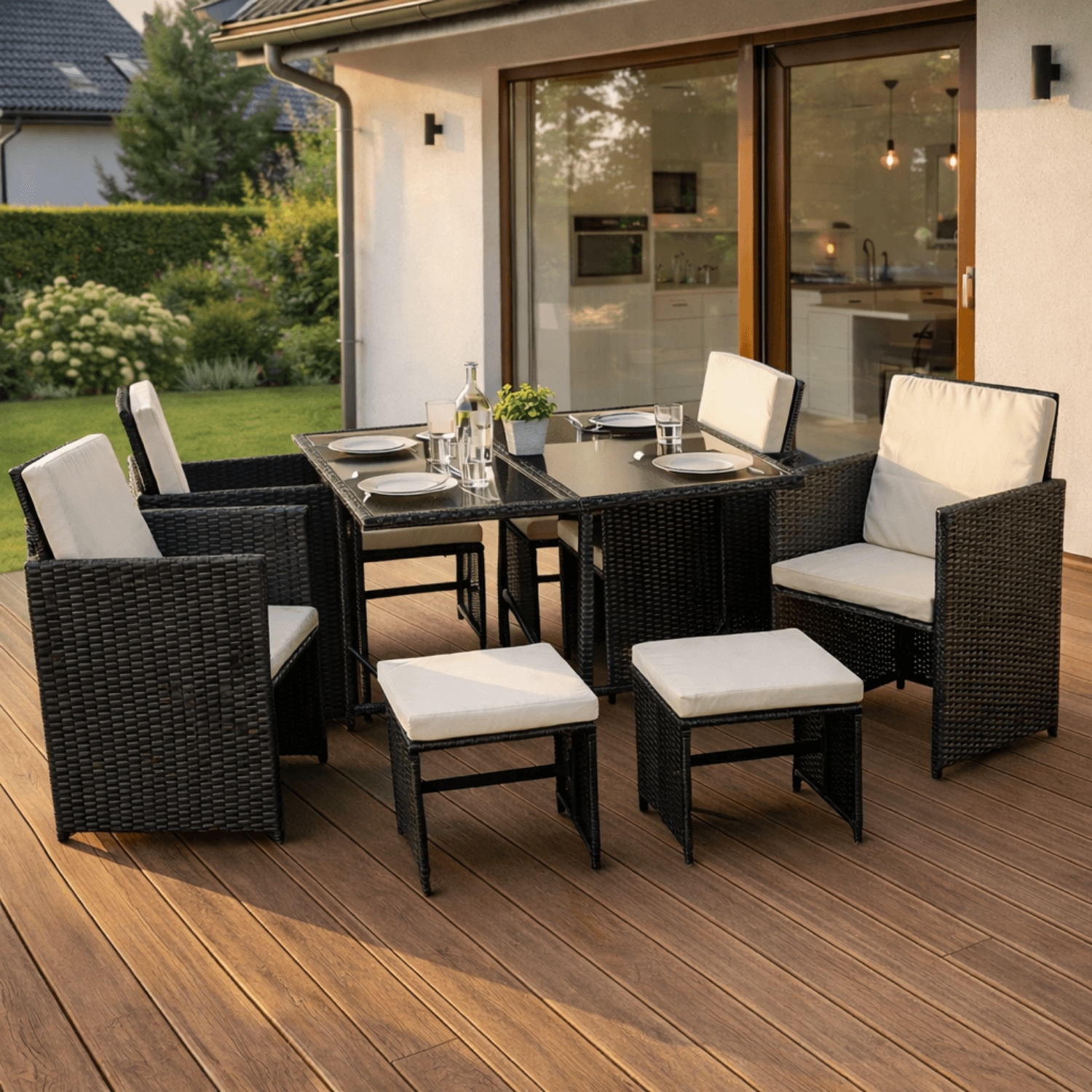 Zestaw Mebli Ogrodowych BONITO Czarny/Kremowy Fotele Pufy Stolik Technorattan Nowoczesny ME.BONITO/CZ/RT/OGR/ZES