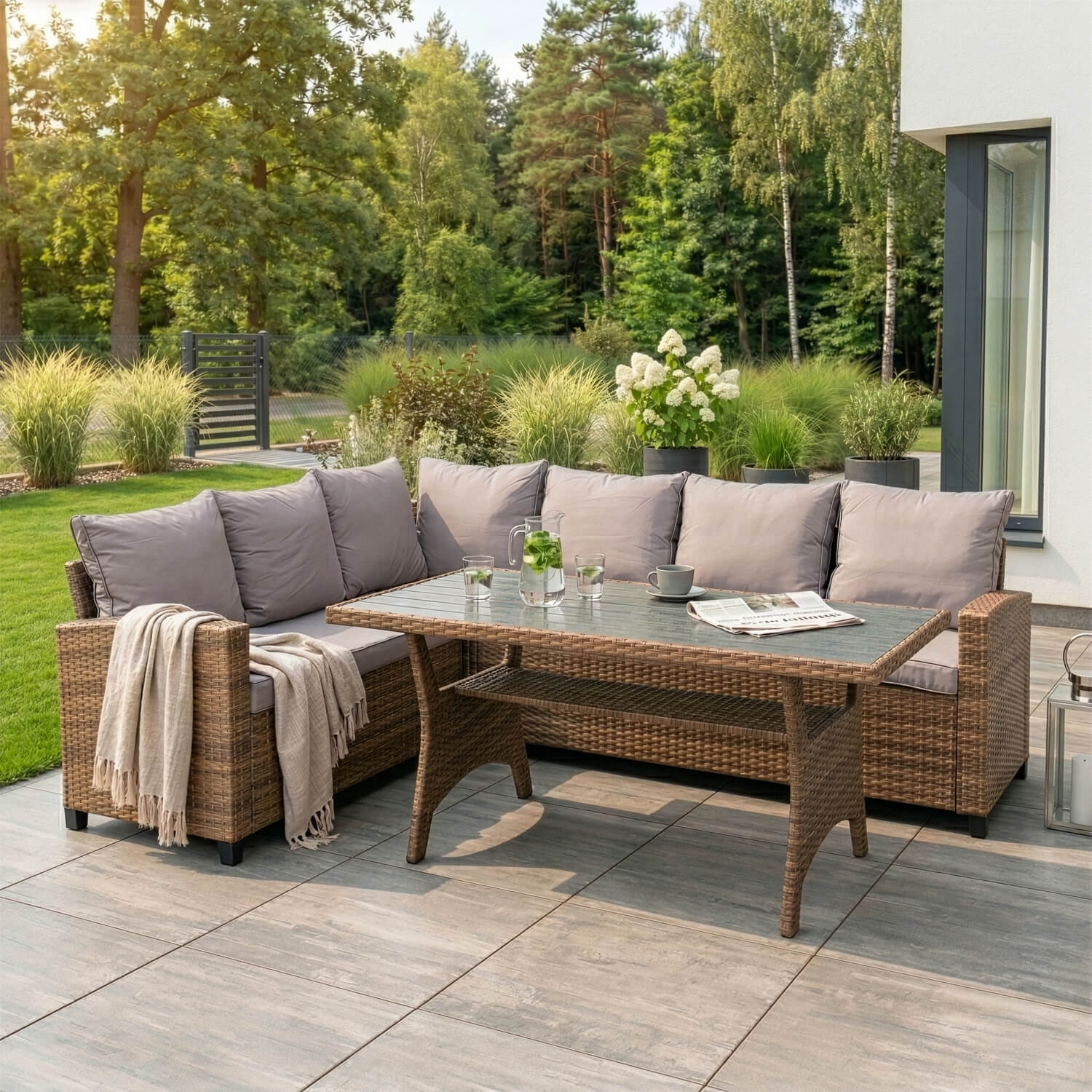 Zestaw Mebli Ogrodowych COMODO Brązowy/Szary Narożnik Stolik Tarasowy Technorattan Nowoczesny ME.COMODO/MIO/RT/OGR/ZES