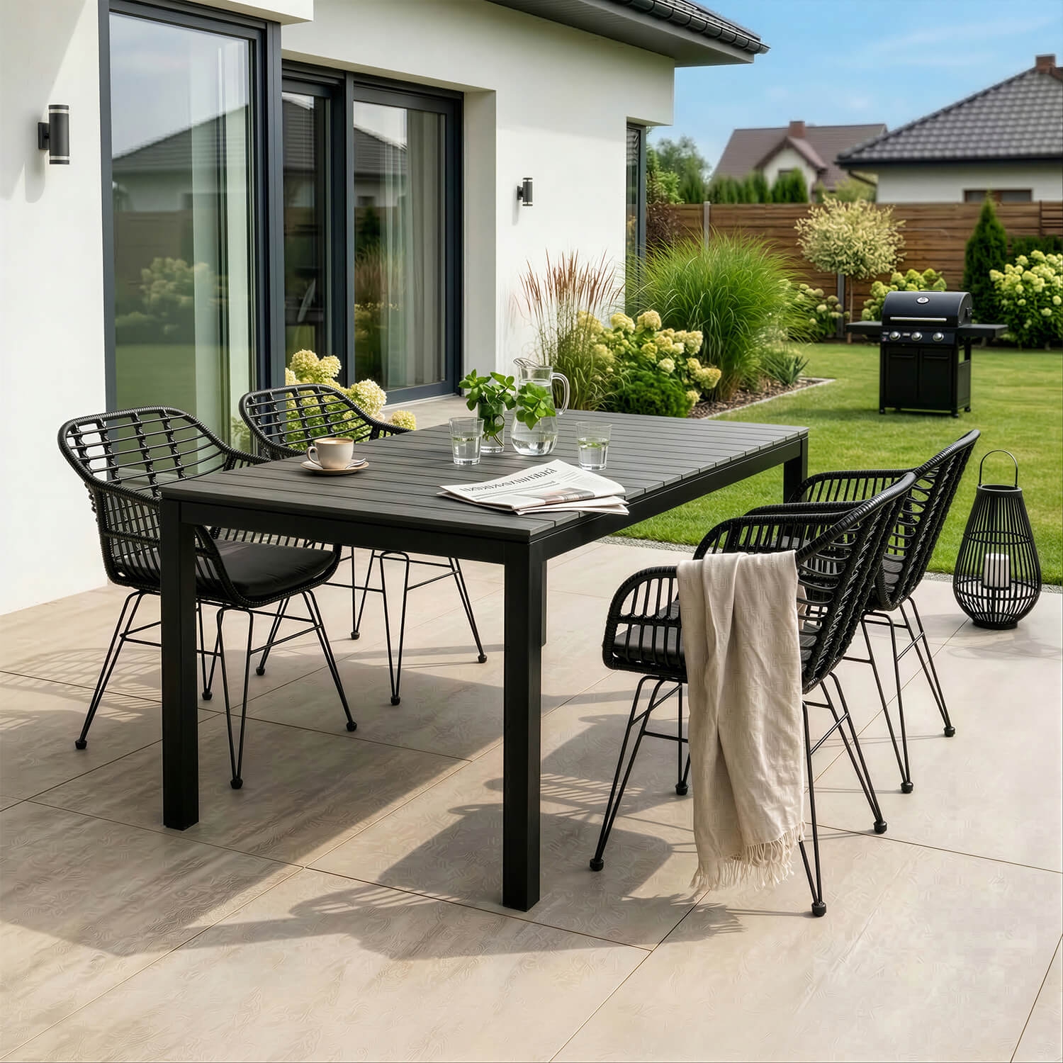 Stół Ogrodowy Prostokątny ARGOS 140-180 cm Rozkładany Ciemnoszary Dąb/Czarny ME.ARGOS/140-180/P/CZ/OGR/S