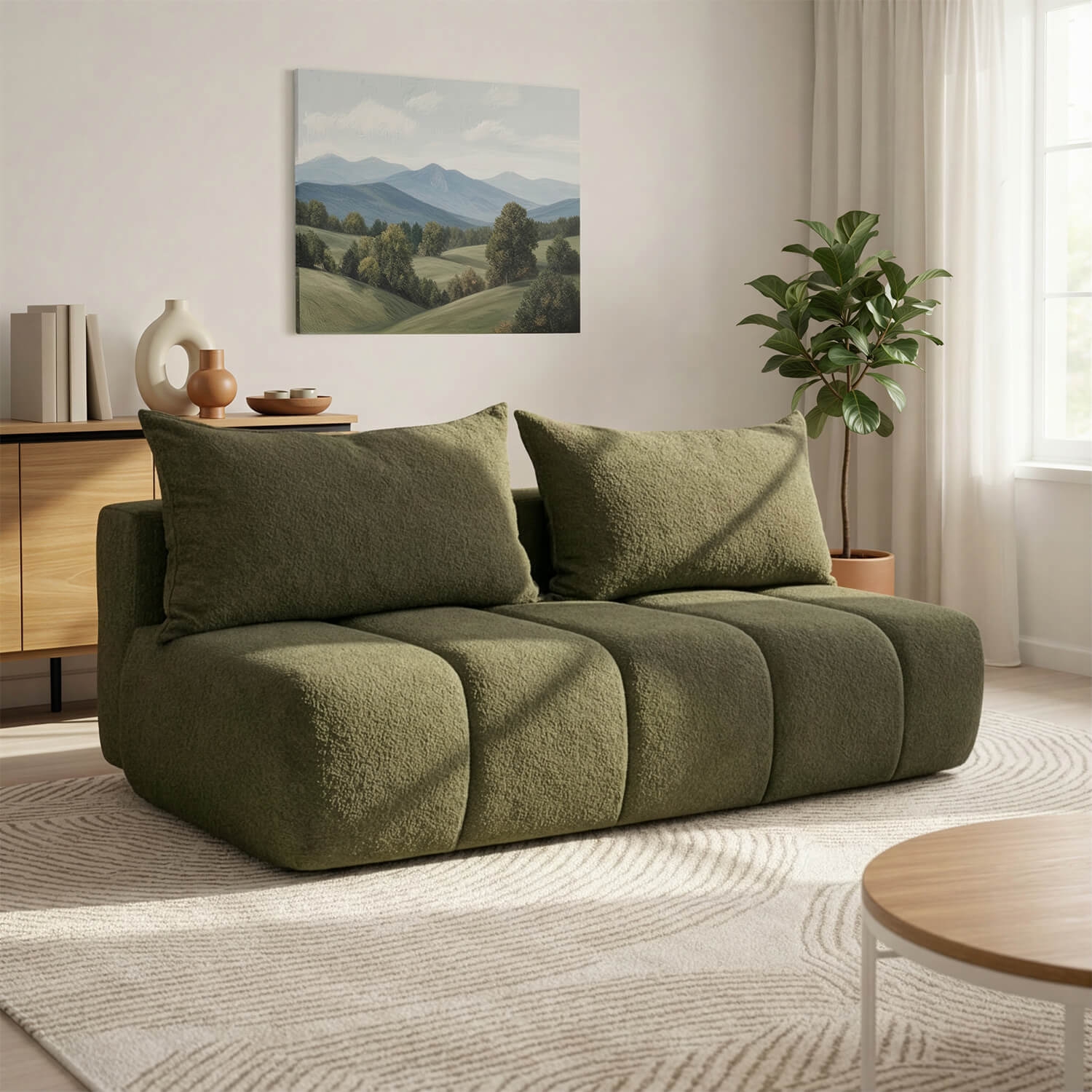 Sofa z Funkcją Spania SARIA Oliwkowa Boucle Nowoczesna COM.CLOUD/ANTHOLOGY12/SOF