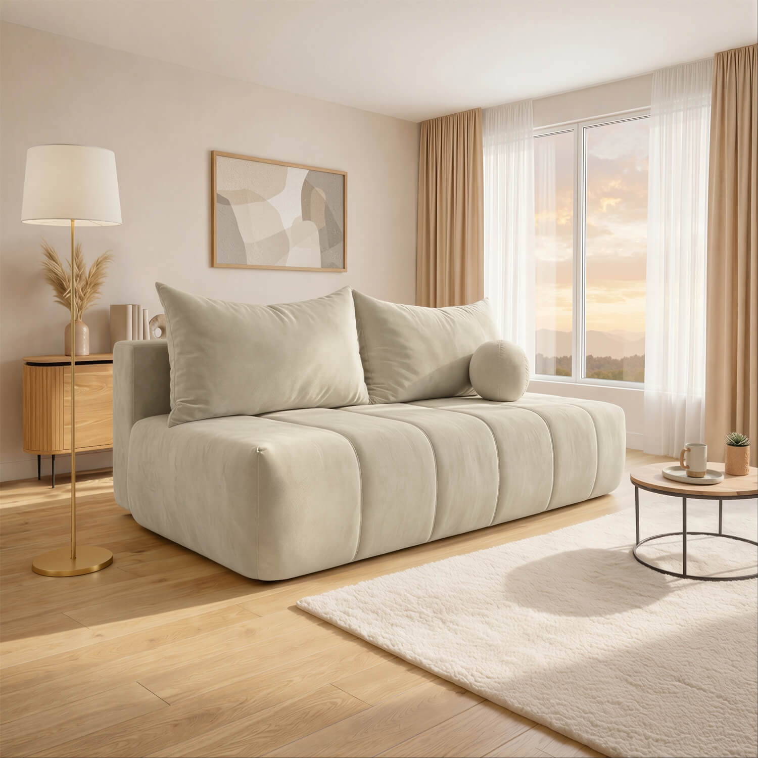 Sofa z Funkcją Spania SARIA Kremowa Welurowa Nowoczesna COM.CLOUD/MONOLITH02/SOF