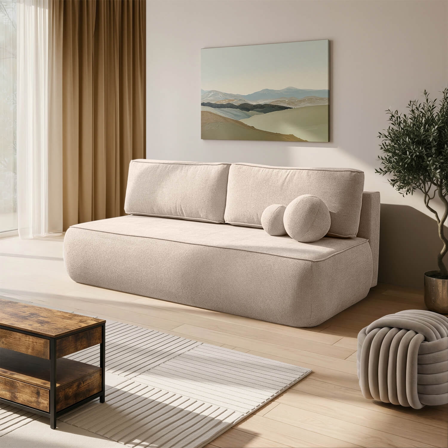 Sofa z Funkcją Spania ARVETO Beżowa Szenil Nowoczesna COM.MONOM/FLOW2/SOF