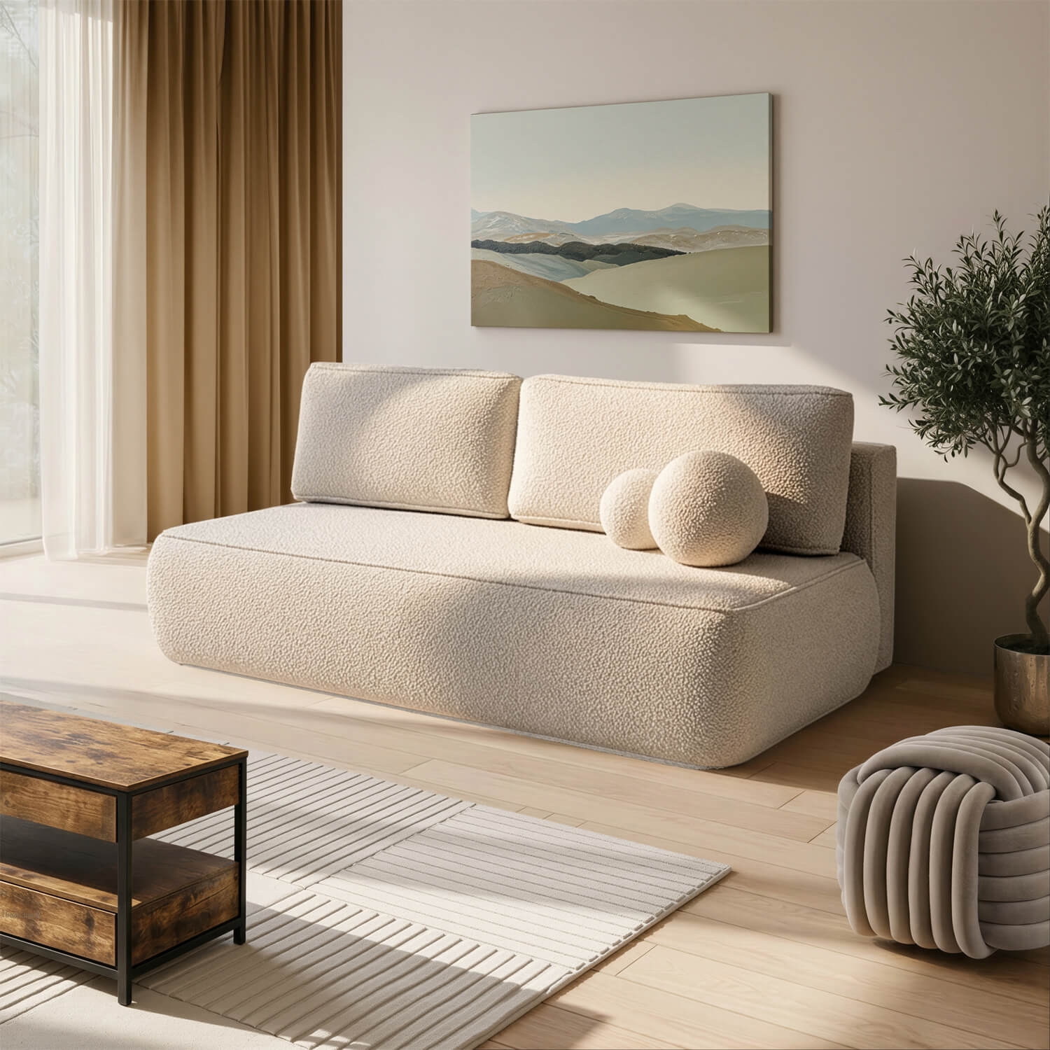 Sofa z Funkcją Spania ARVETO Beżowa Boucle Nowoczesna COM.MONOM/ANTHOLOGY2/SOF