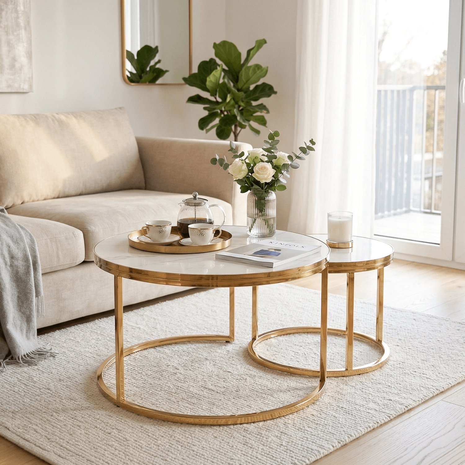 Zestaw Stolików Kawowych ARON 70 cm/50 cm Biały Marmur/Złoty Glamour ME.ARON/BM/ZL/CER/L