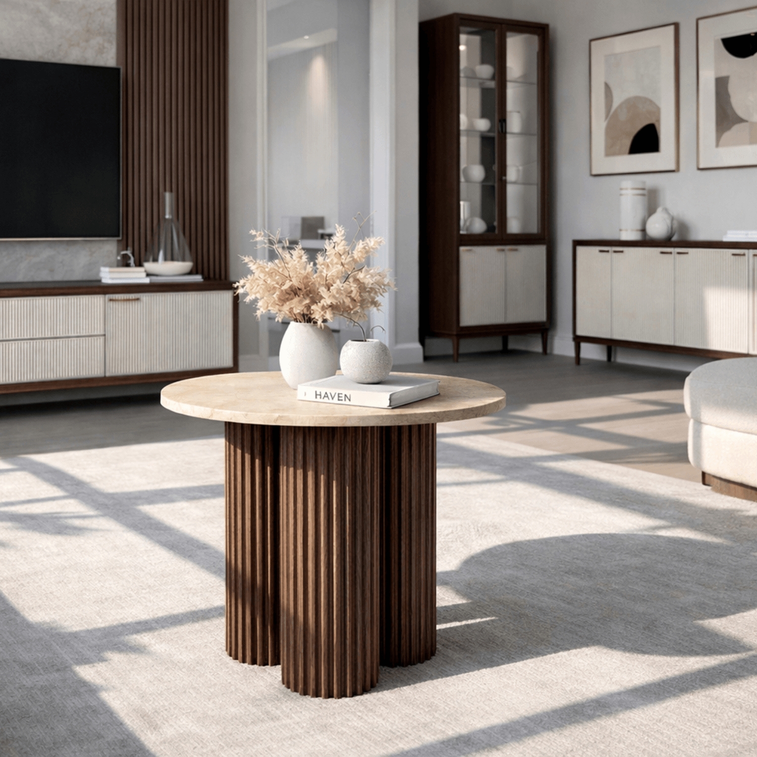 Stolik Kawowy ALMERIA 50 cm Trawertyn/Orzech Nowoczesny ME.ALMERIA/TRAW/O/L