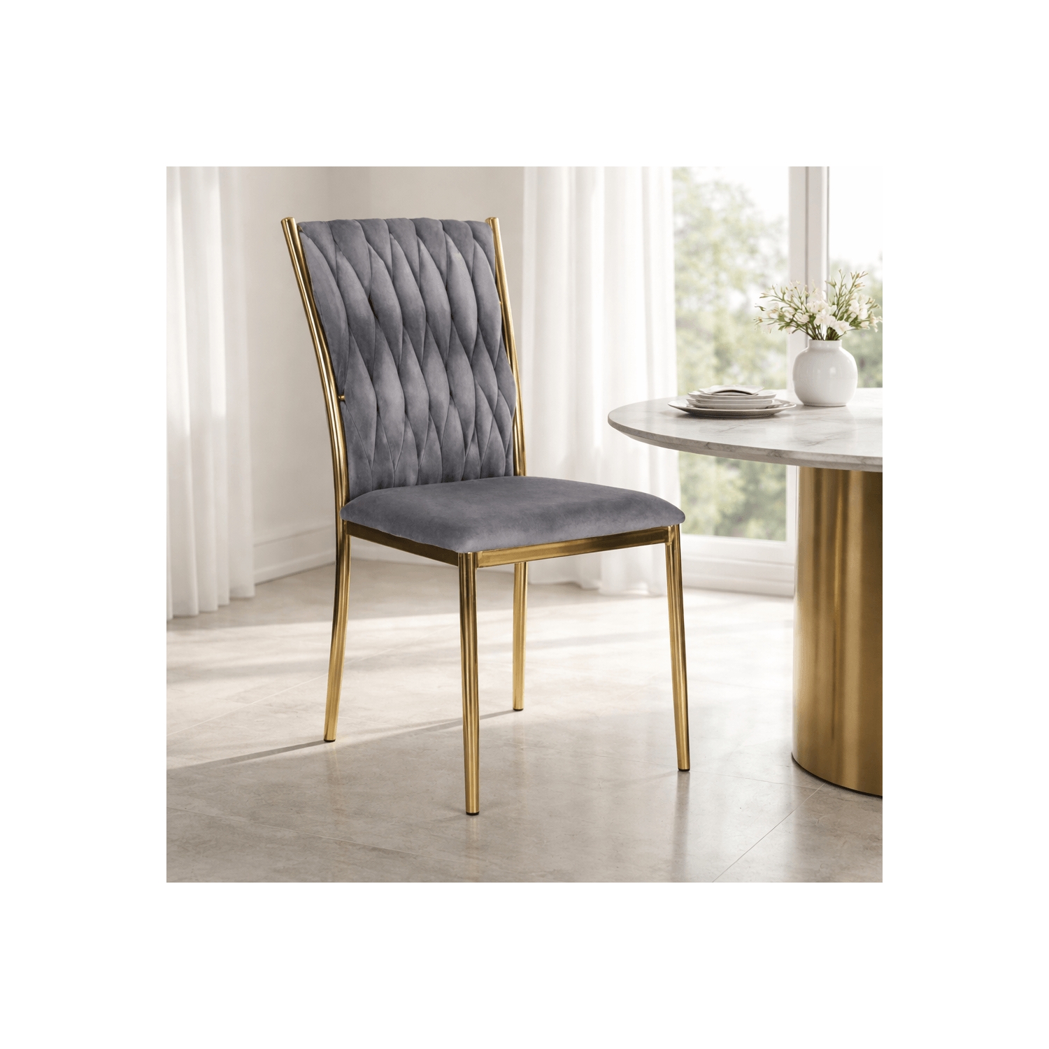 Krzesło Tapicerowane Plecione do Salonu DAN Szare Welurowe Nowoczesne Glamour ME.DAN/P/ZL/V/K