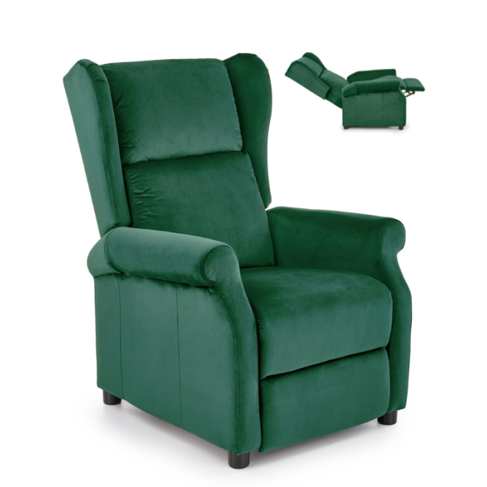 Fotel Rozkładany Wypoczynkowy z Podnóżkiem AGUSTIN 2 Zielony Welurowy Nowoczesny