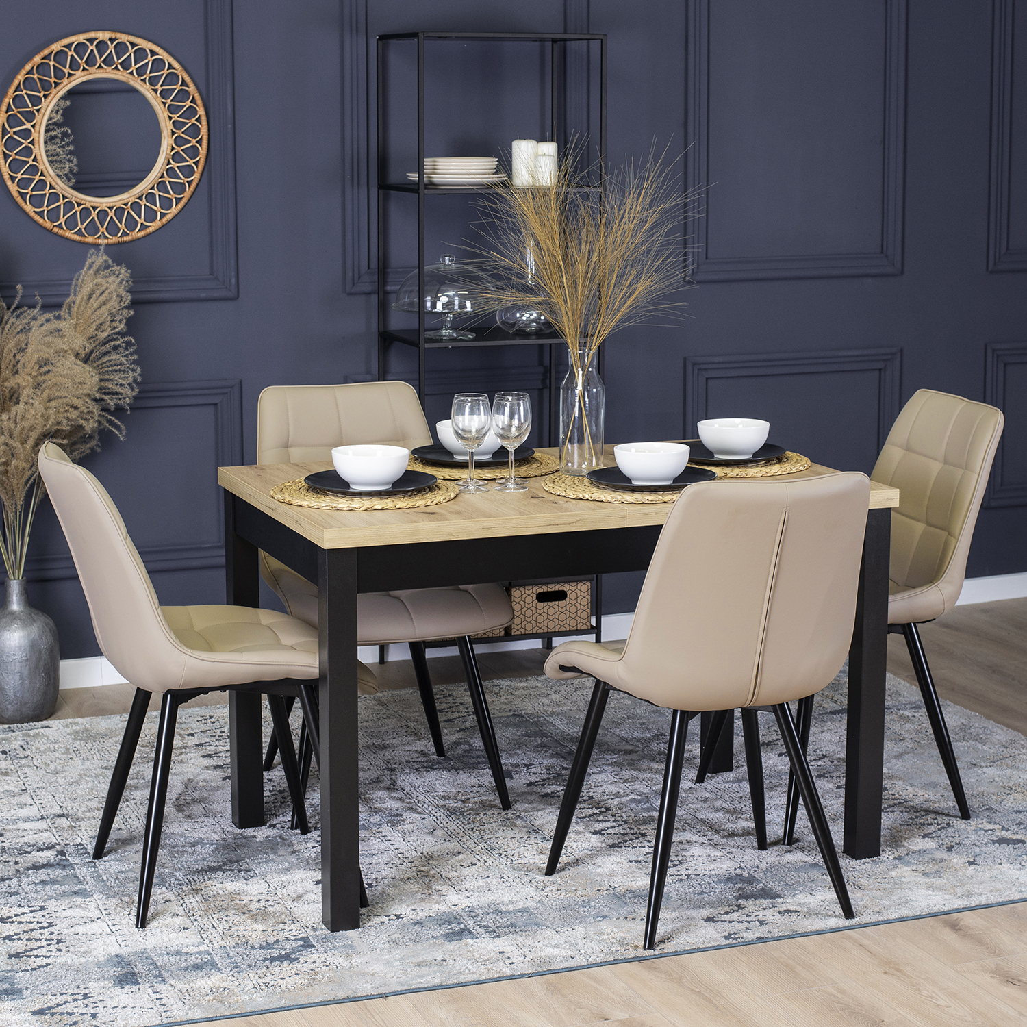 Stół Prostokątny Rozkładany SKUBI 120-160 cm Dąb Riviera/Czarny Nowoczesny B.SKUBI/DR/CZ/S