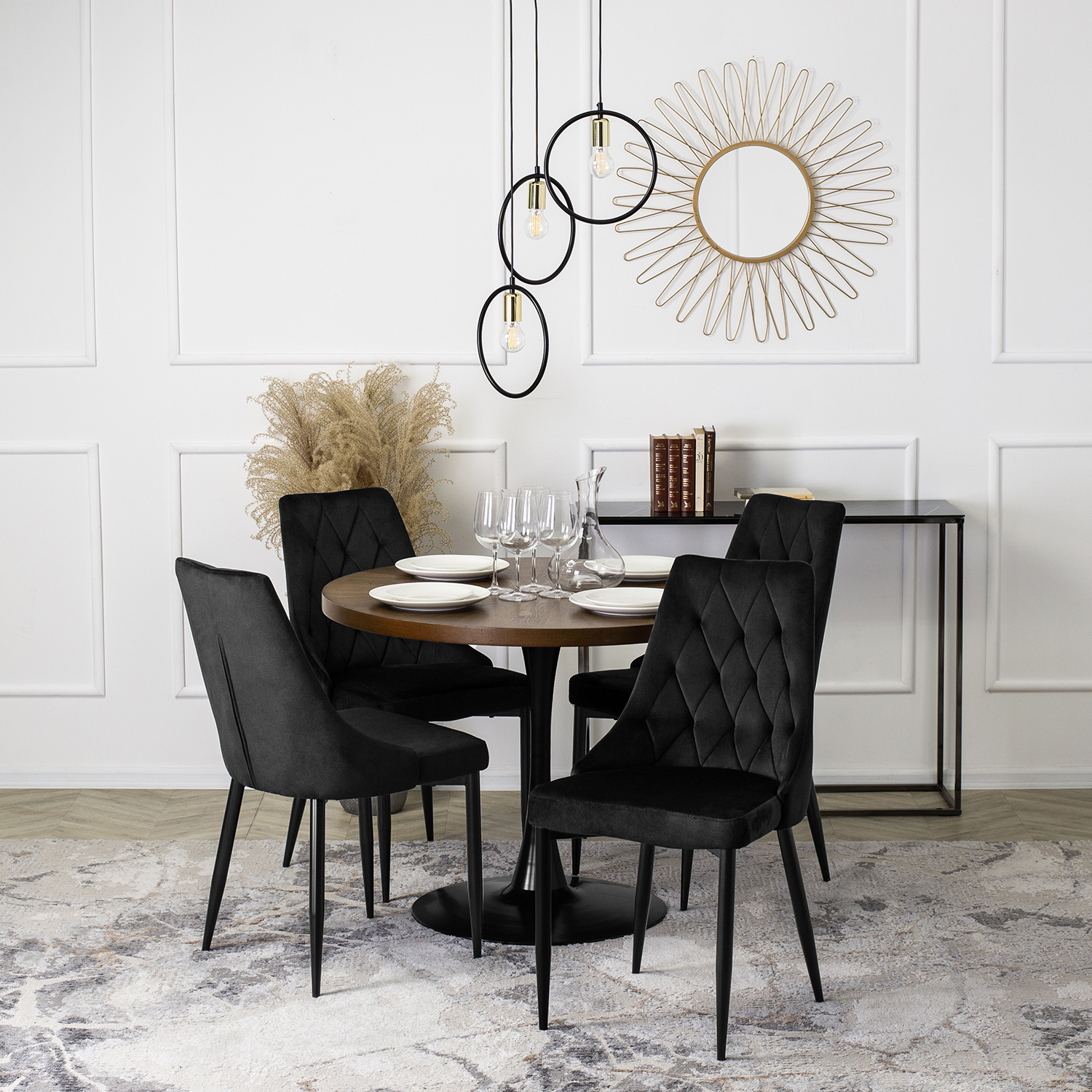 Zestaw Stół Okrągły LINO 100 cm Orzech/Czarny i 4 Krzesła Tapicerowane do Salonu CORK Czarne Welurowe Nowoczesne Loft LINO/O/S/CORK/CZ/V/Z4/K