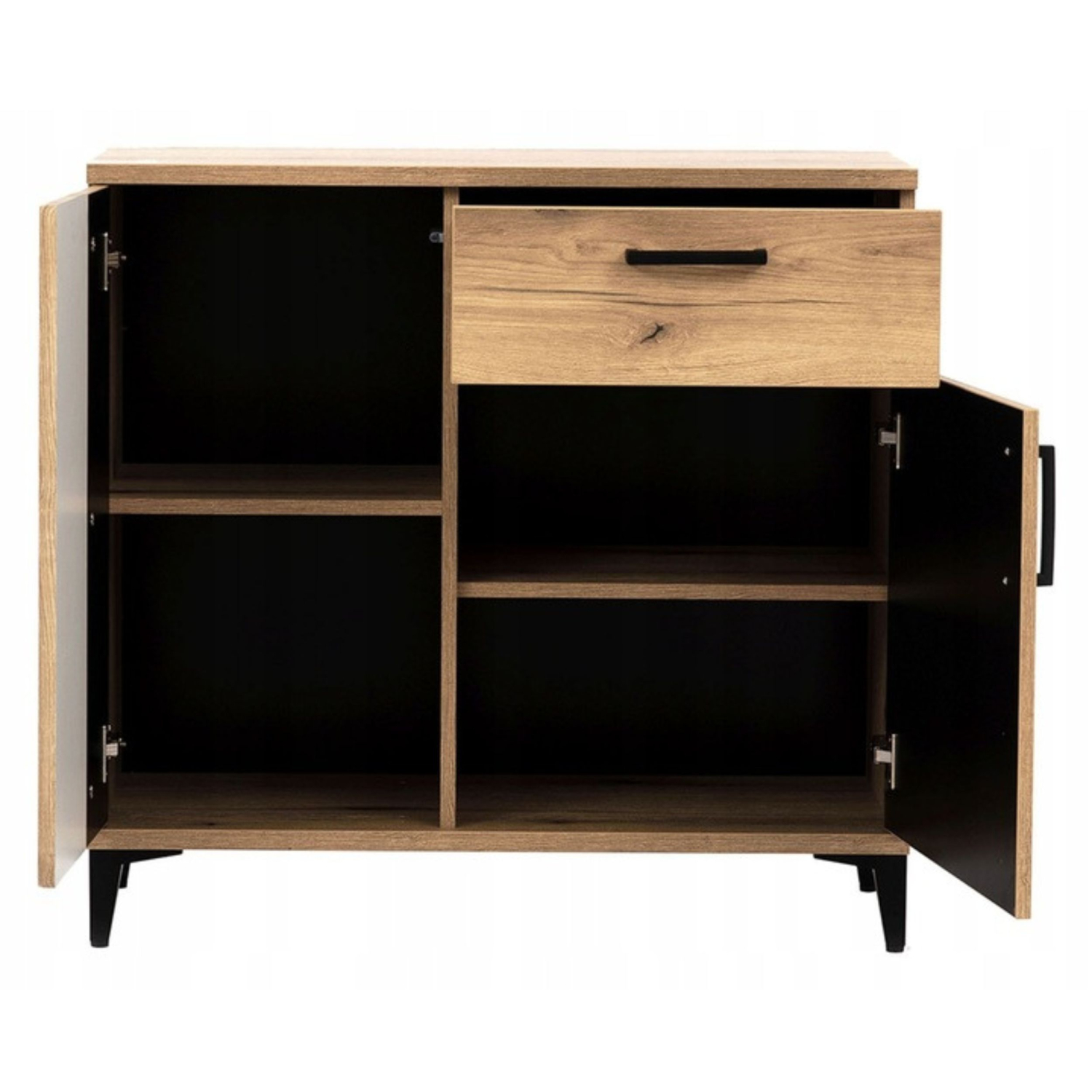 Komoda z Szufladą i Lamelami do Przedpokoju DYNAMO 88,5 cm Dąb evoke / czarny połysk Loft L.ARIS/AS02/DEV/CZ/PL/KOM