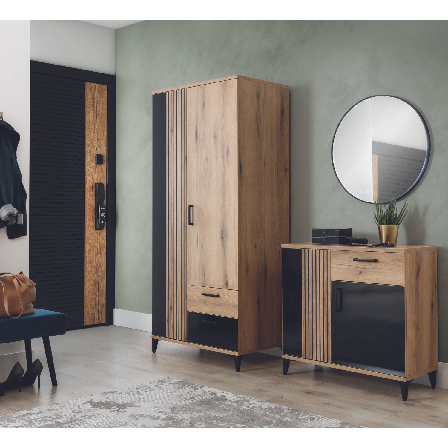 Komoda z Szufladą i Lamelami do Przedpokoju DYNAMO 88,5 cm Dąb evoke / czarny połysk Loft L.ARIS/AS02/DEV/CZ/PL/KOM