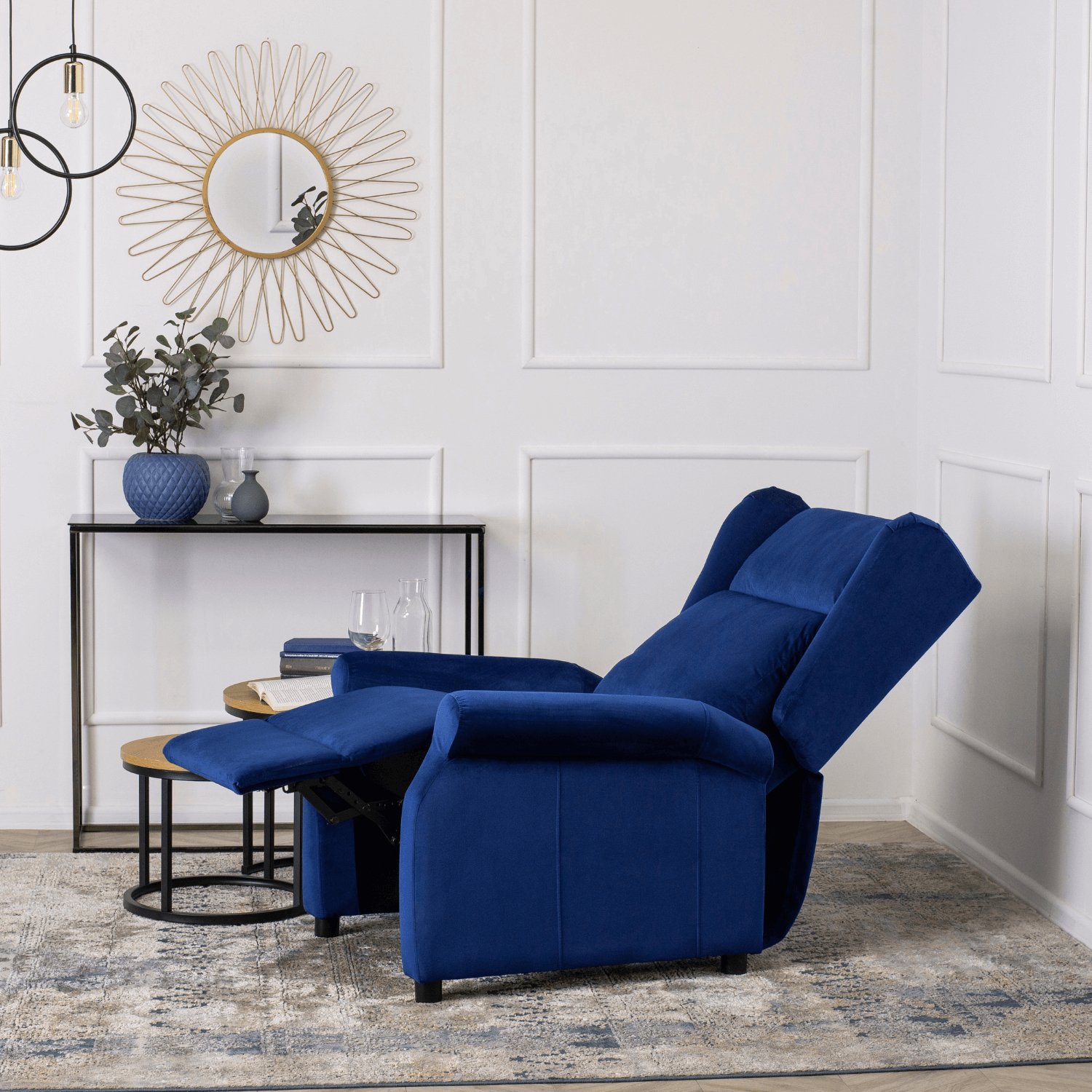 Fotel Rozkładany Wypoczynkowy z Podnóżkiem SIMON Granatowy Welurowy Nowoczesny ME.SIMON/GR/V/FW