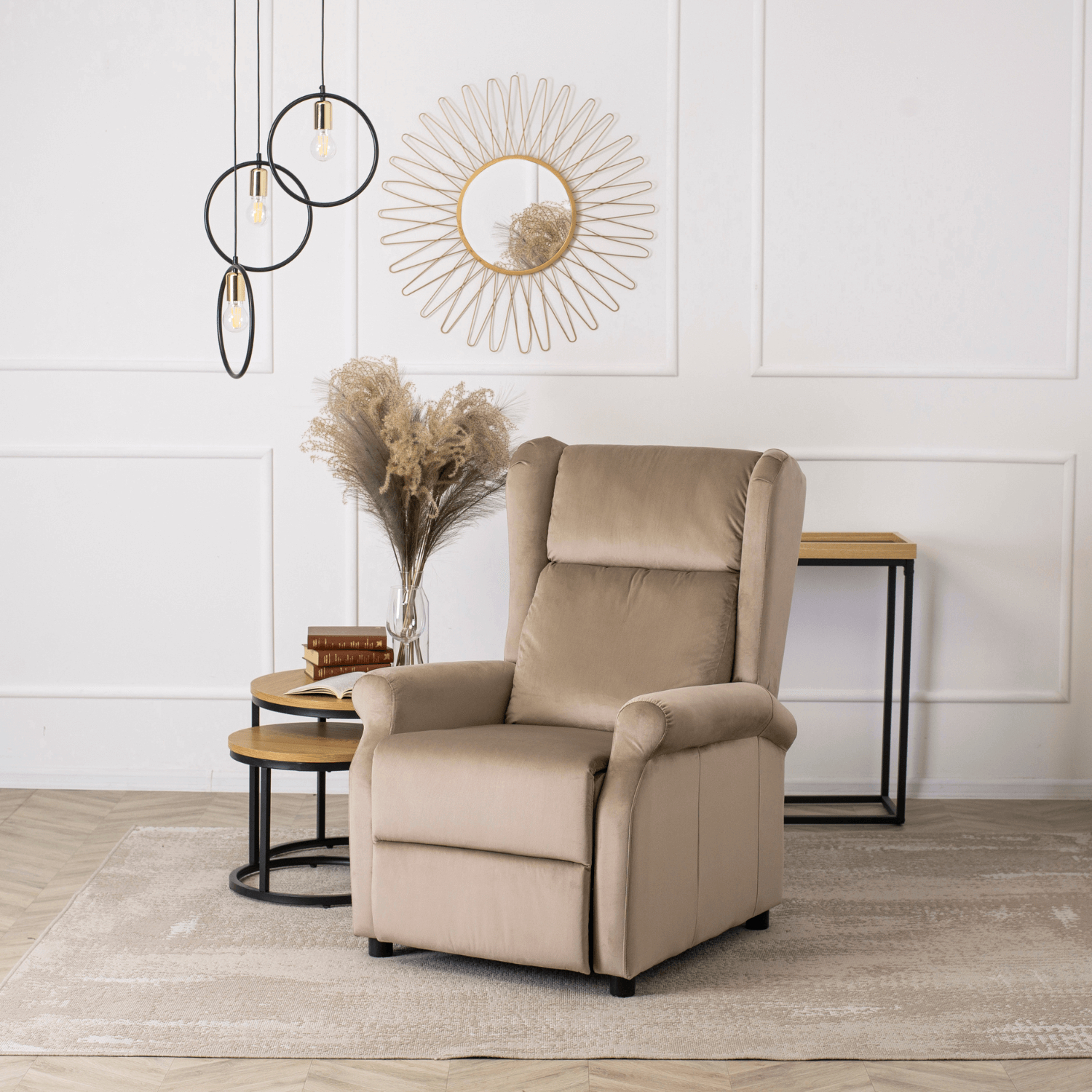 Fotel Rozkładany Wypoczynkowy z Podnóżkiem SIMON Beżowy Welurowy Nowoczesny ME.SIMON/BZ/V/FW