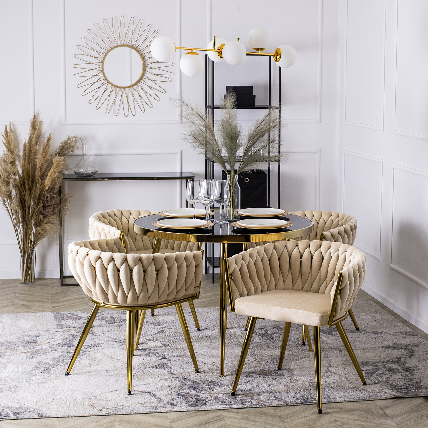 Krzesło Tapicerowane Plecione do Salonu CAPRI Kremowe Welurowe do Toaletki Nowoczesne Glamour ME.CAPRI/KR/ZL/V/K