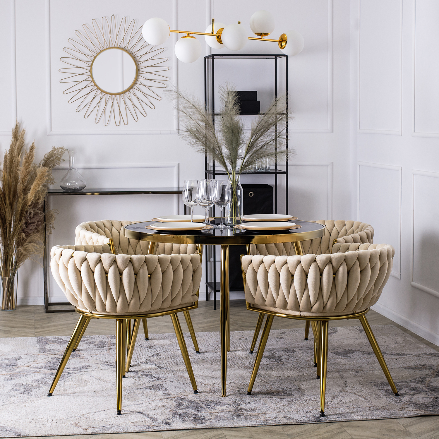 Krzesło Tapicerowane Plecione do Salonu CAPRI Kremowe Welurowe do Toaletki Nowoczesne Glamour ME.CAPRI/KR/ZL/V/K