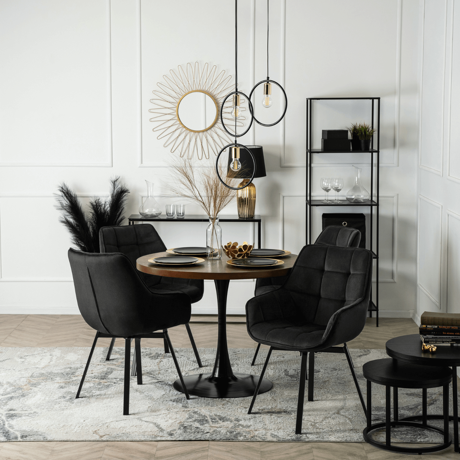 Zestaw 4x Krzesło Tapicerowane Obrotowe do Salonu LUNA Czarne Welurowe Nowoczesne Loft LUNA/CZ/V/Z4/K