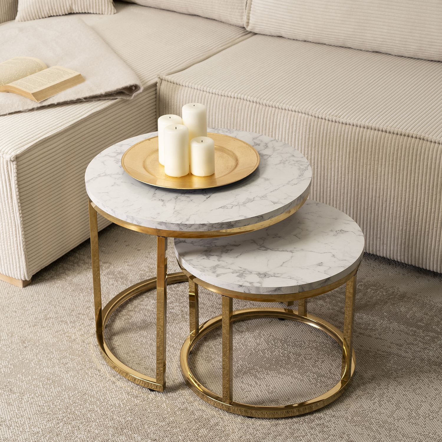 Zestaw Stolików Kawowych OLIS 43 cm/53 cm Biały Marmur Złoty do Salonu Glamour ME.OLIS/M/ZL/L