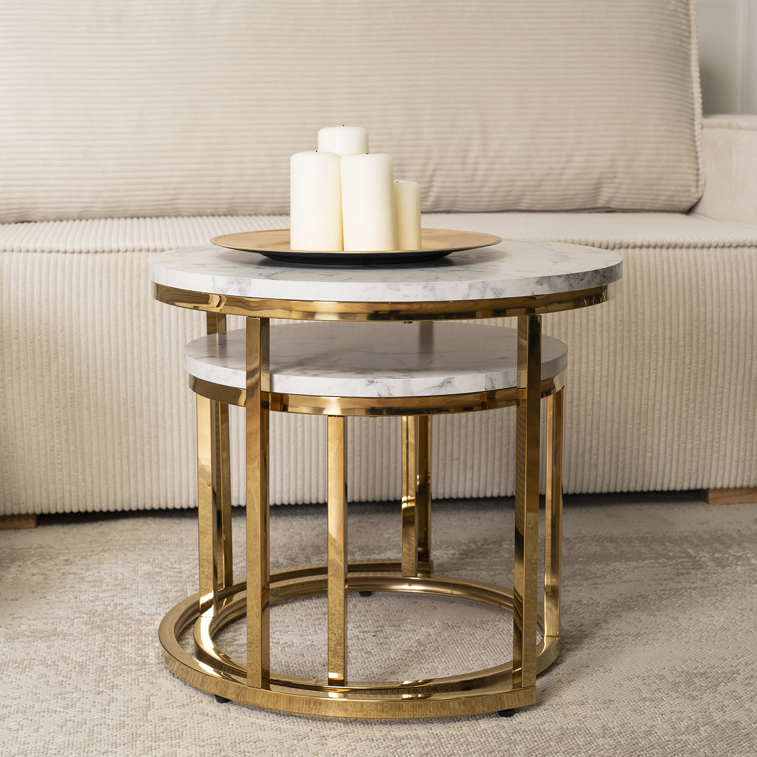 Zestaw Stolików Kawowych OLIS 43 cm/53 cm Biały Marmur Złoty do Salonu Glamour ME.OLIS/M/ZL/L