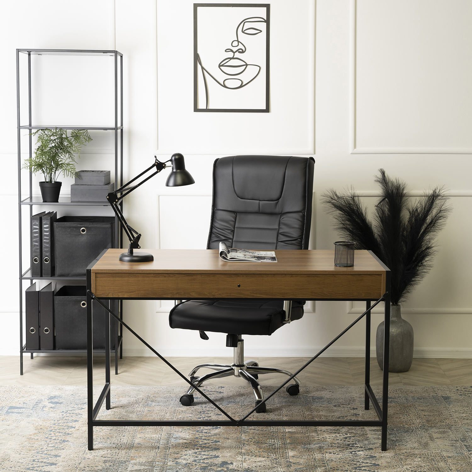 Biurko do Gabinetu z Szufladami ALLY 123 cm Orzech/Czarny Nowoczesne Loft ME.ALLY/RU/CZ/B