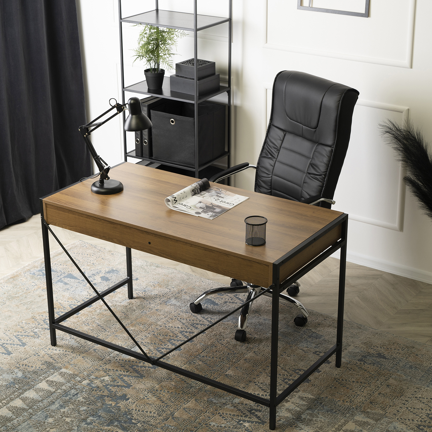 Biurko do Gabinetu z Szufladami ALLY 123 cm Orzech/Czarny Nowoczesne Loft ME.ALLY/RU/CZ/B