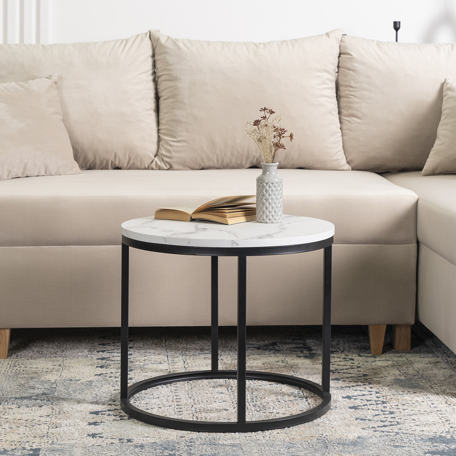 Stolik Kawowy CONNY 53 cm Biały Marmur/Czarny Nowoczesny Glamour ME.CONNY/BM/CZ/L