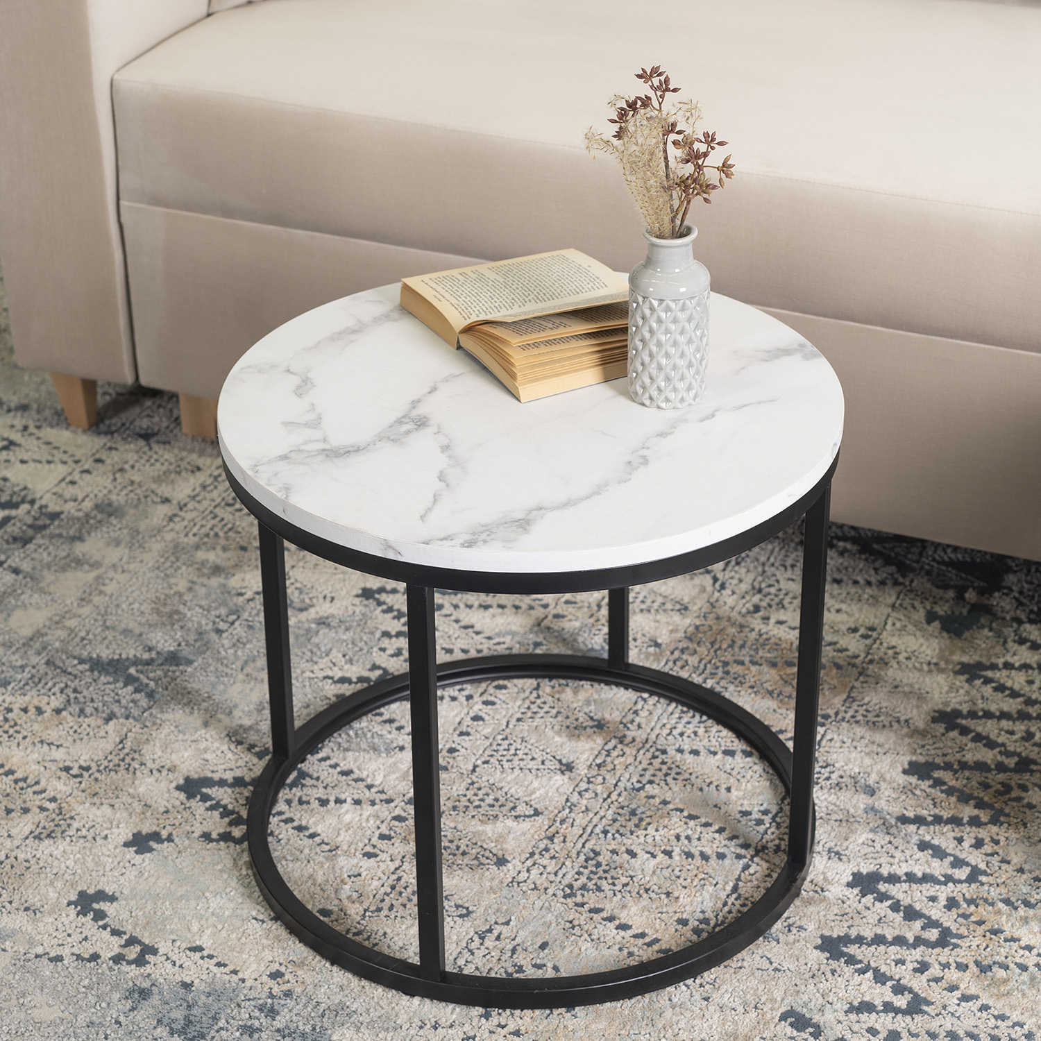 Stolik Kawowy CONNY 53 cm Biały Marmur/Czarny Nowoczesny Glamour ME.CONNY/BM/CZ/L