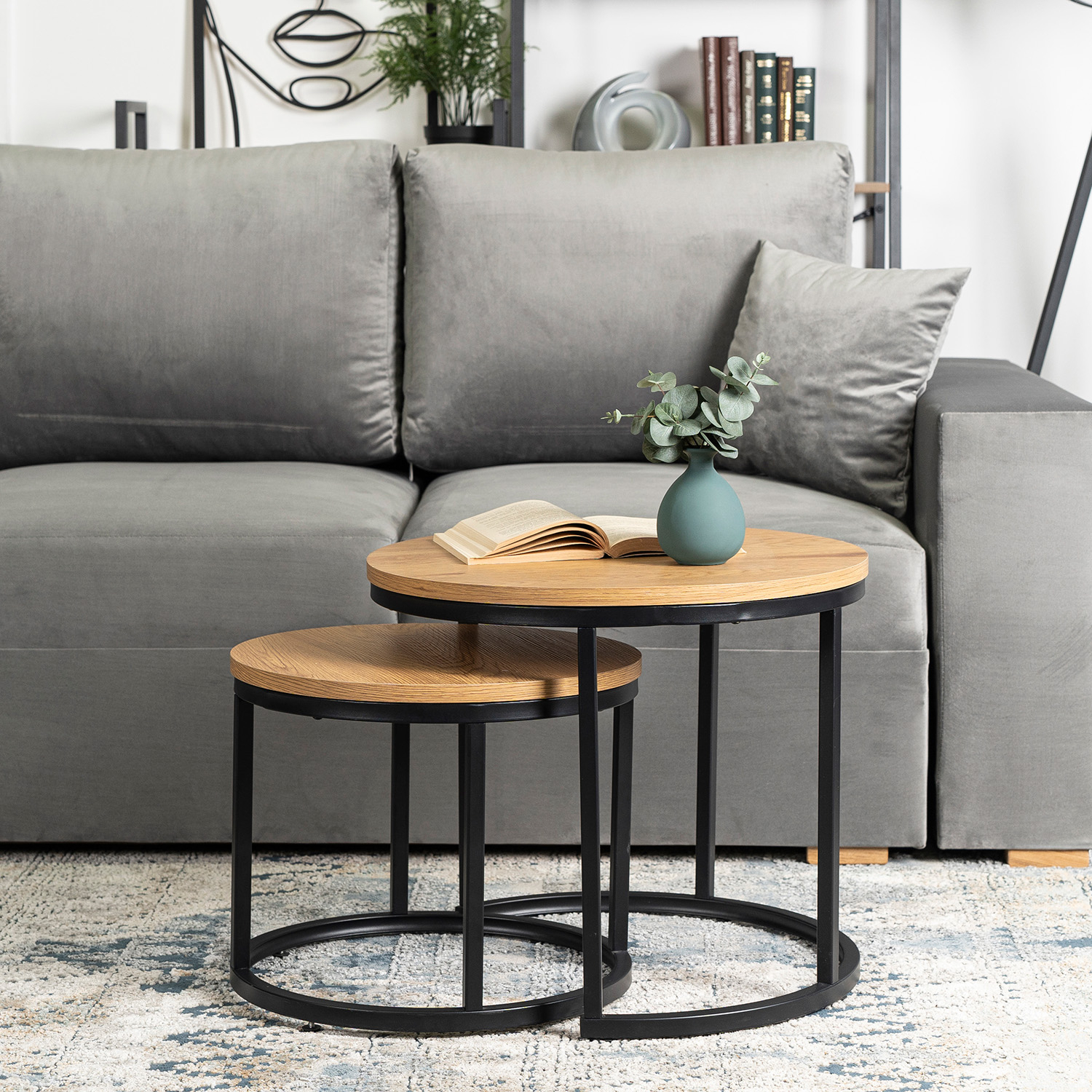 Zestaw Stolików Kawowych DELIA 43 cm/53 cm Dąb Złoty Nowoczesny Loft ME.DELIA/DZ/CZ/L