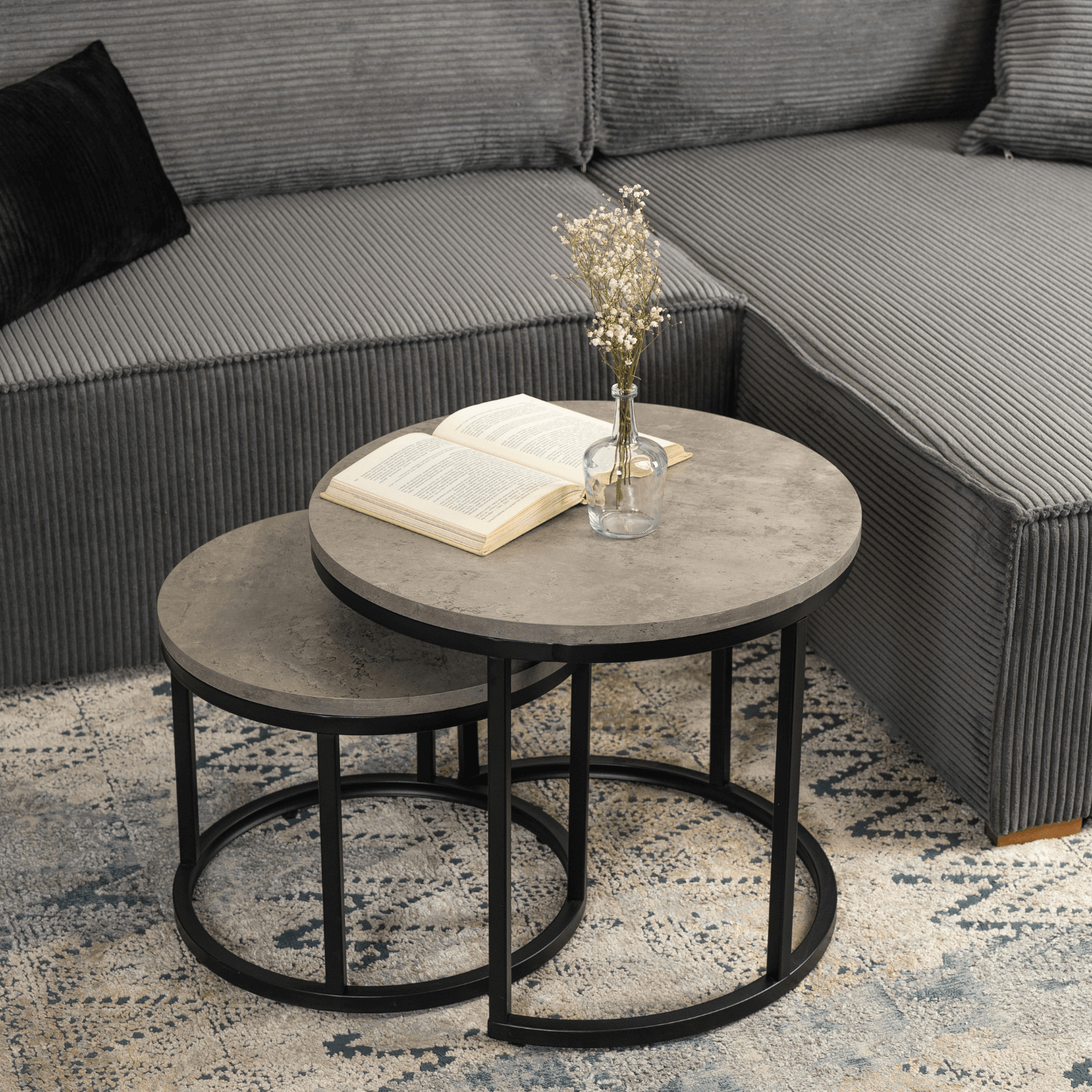 Zestaw Stolików Kawowych ROCKY 43 cm/53 cm Szary Beton Nowoczesny Loft ME.ROCKY/BET/CZ/L