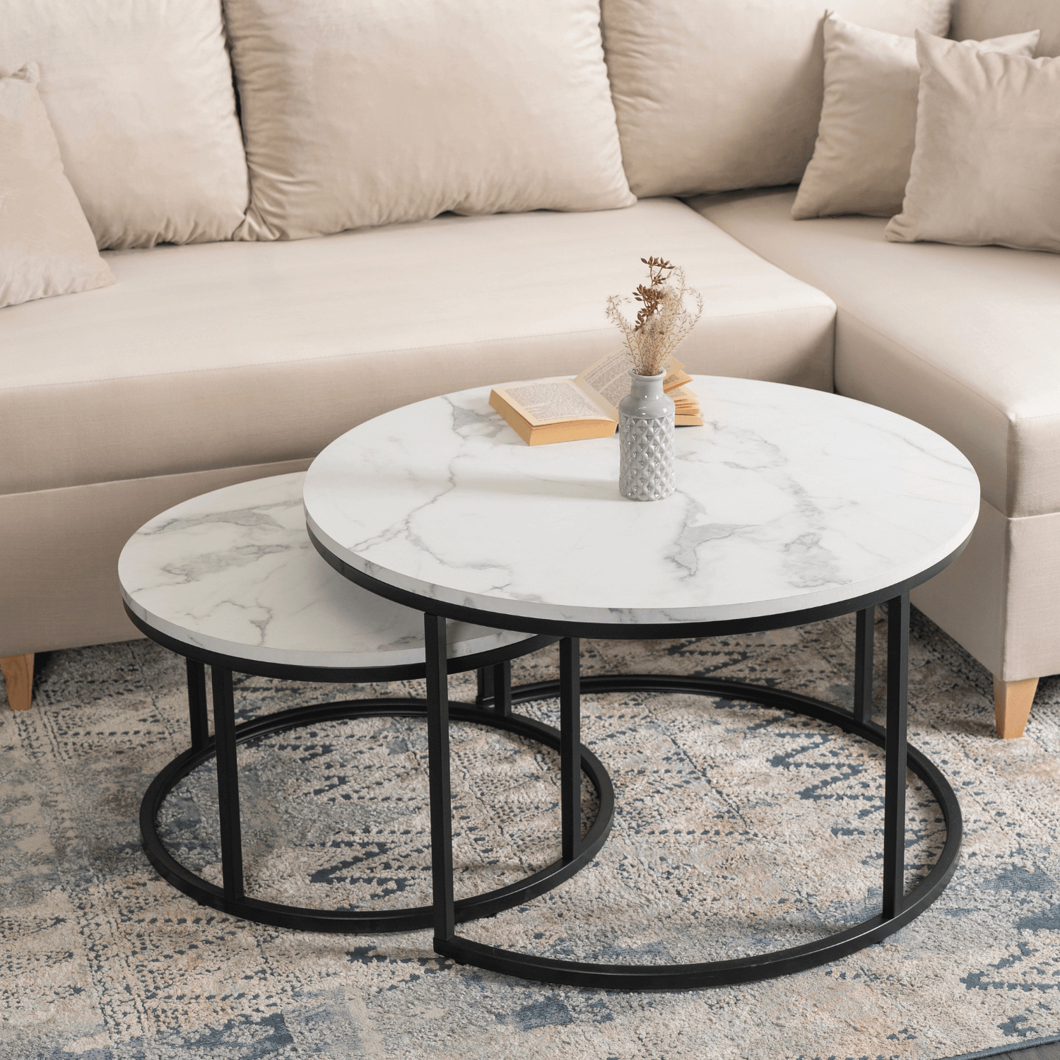 Zestaw Stolików Kawowych DAFNE MAX 60 cm/80 cm Biały Marmur Nowoczesny Glamour ME.MAXDAFNE/BM/CZ/L