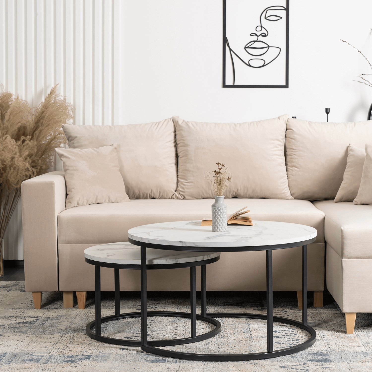 Zestaw Stolików Kawowych DAFNE MAX 60 cm/80 cm Biały Marmur Nowoczesny Glamour ME.MAXDAFNE/BM/CZ/L