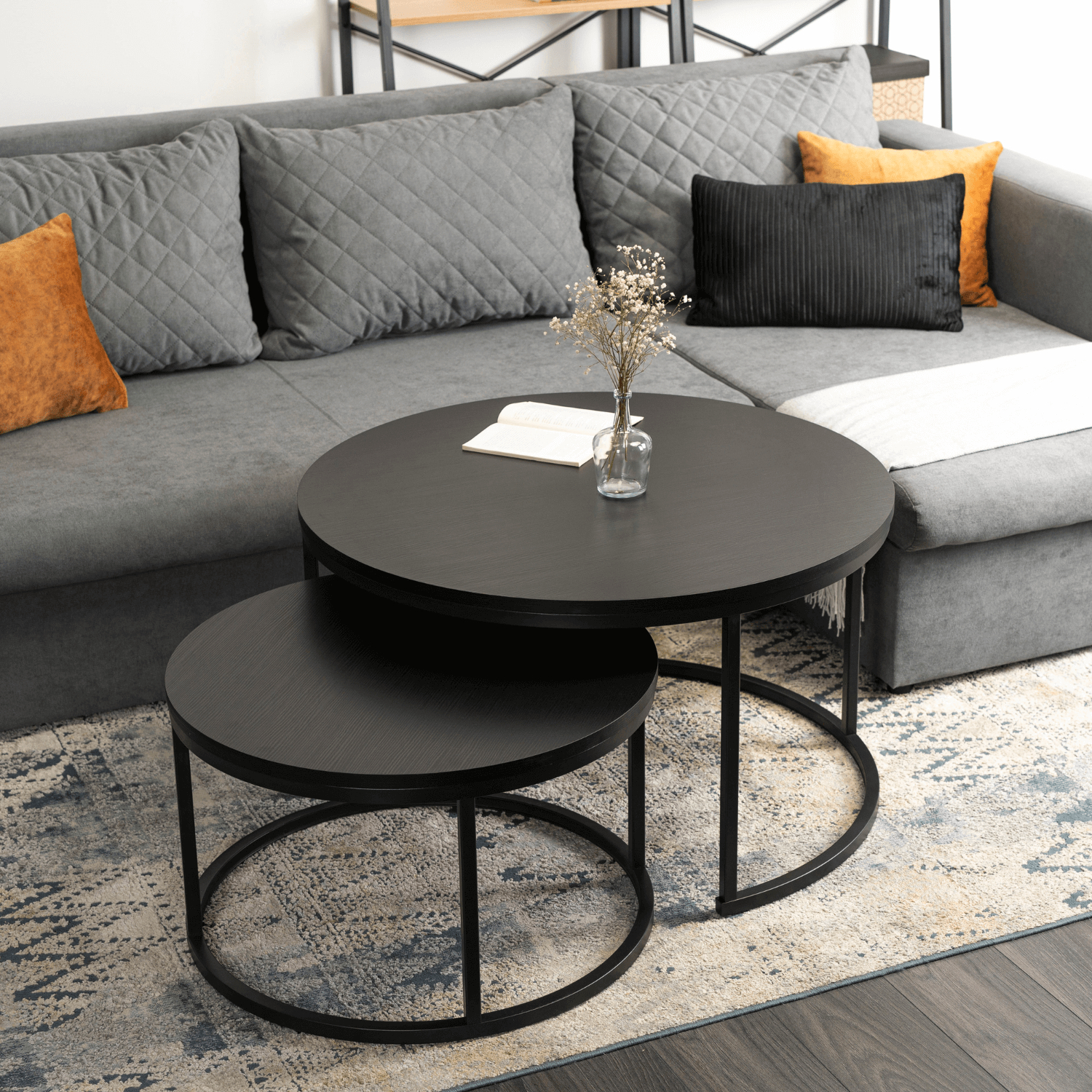 Zestaw Stolików Kawowych MANU MAX 60 cm/80 cm Czarny Nowoczesny Loft ME.MAXMANU/CZ/CZ/L