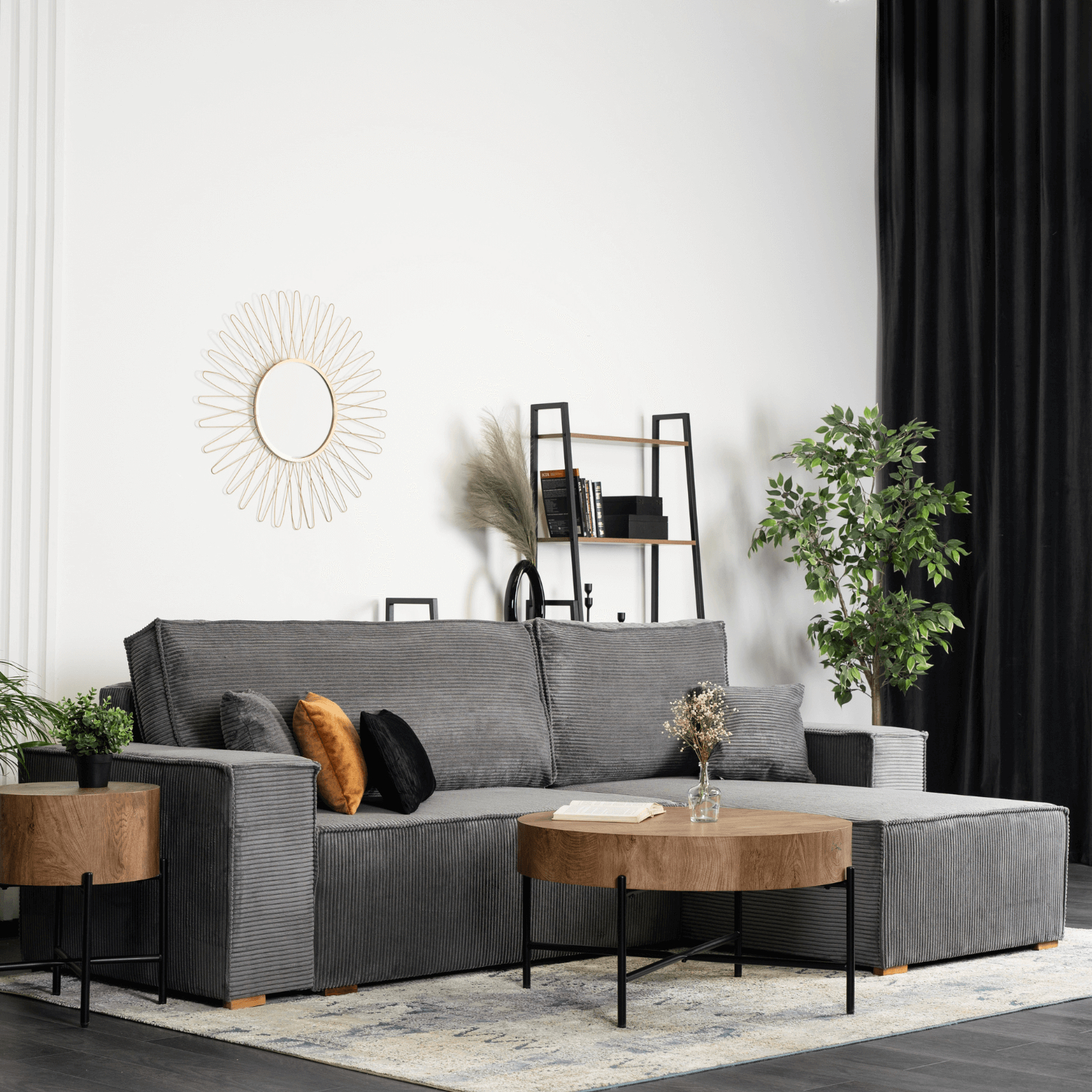 Narożnik z Funkcją Spania i Pojemnikiem ALEX 262 cm Szary Uniwersalny Welurowy Rozkładany Nowoczesny MGK.FILO/LINCOLN90/NAR