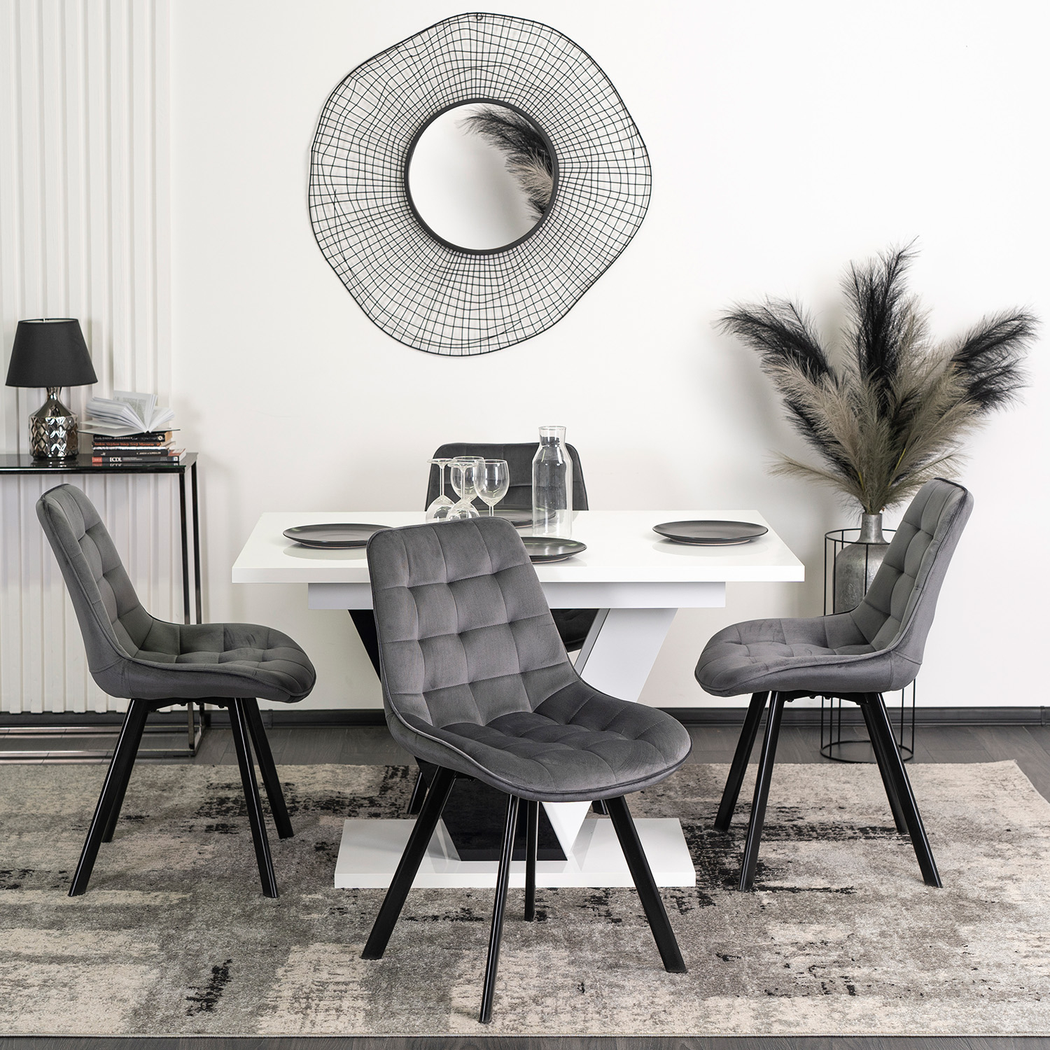Zestaw Stół Prostokątny Rozkładany CLARK 120-160 cm Czarny/Biały Połysk i 4 Krzesła Tapicerowane do Salonu RICK Szare Welurowe DUBAJ/B/PL/CZ/S/RICK/P/