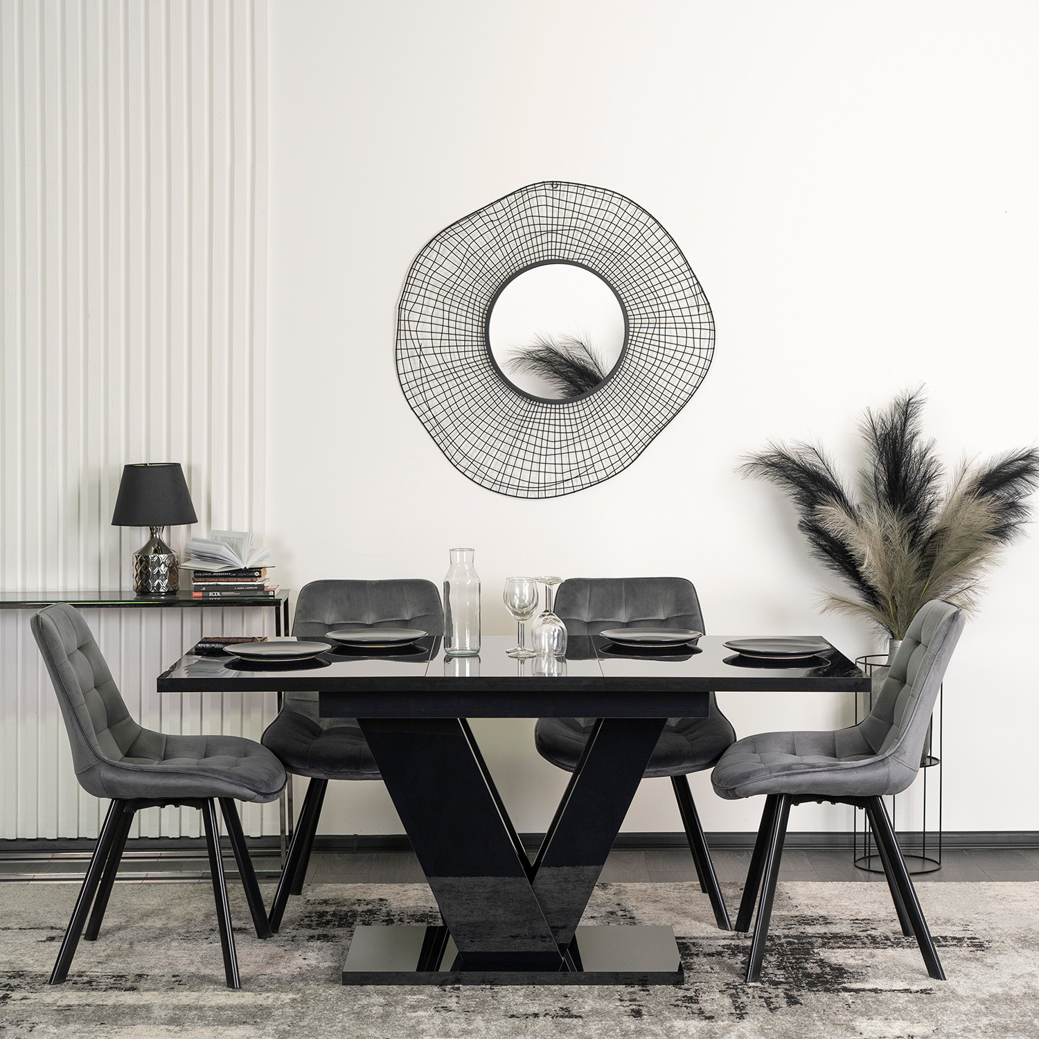Zestaw Stół Prostokątny Rozkładany CLARK 120-160 cm Czarny Połysk i 4 Krzesła Tapicerowane RICK Szare Welurowe DUBAJ/CZ/PL/S/RICK/P/V/Z4/K