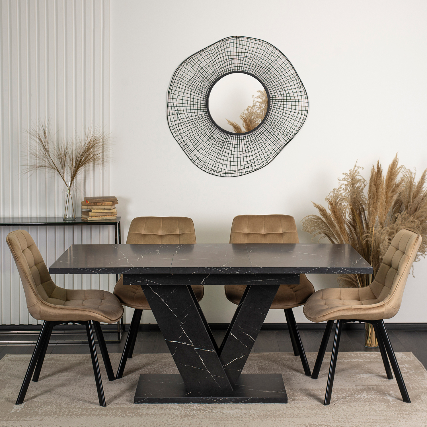 Stół Prostokątny Rozkładany CLARK 120-160 cm Czarny Marmur Glamour PM.DUBAJ/CZM/S