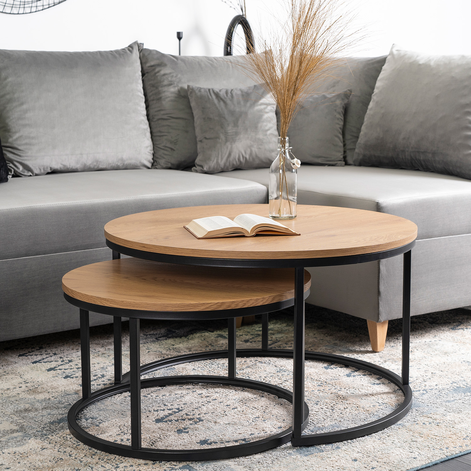 Zestaw Stolików Kawowych DELIA MAX 60 cm/80 cm Dąb Złoty Nowoczesny Loft ME.MAXDELIA/DZ/CZ/L