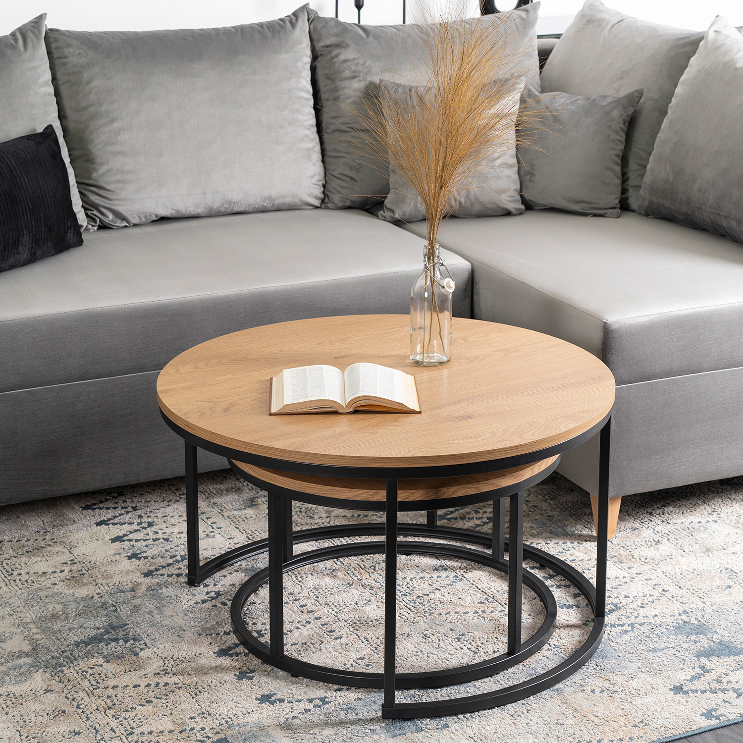 Zestaw Stolików Kawowych DELIA MAX 60 cm/80 cm Dąb Złoty Nowoczesny Loft ME.MAXDELIA/DZ/CZ/L