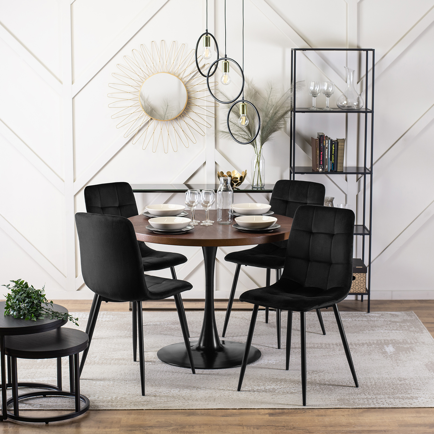 Zestaw Stół Okrągły LINO 100 cm Orzech/Czarny i 4 Krzesła Tapicerowane do Salonu PERU Czarne Welurowe Nowoczesne Loft LINO/O/S/PERU/CZ/V/Z4/K