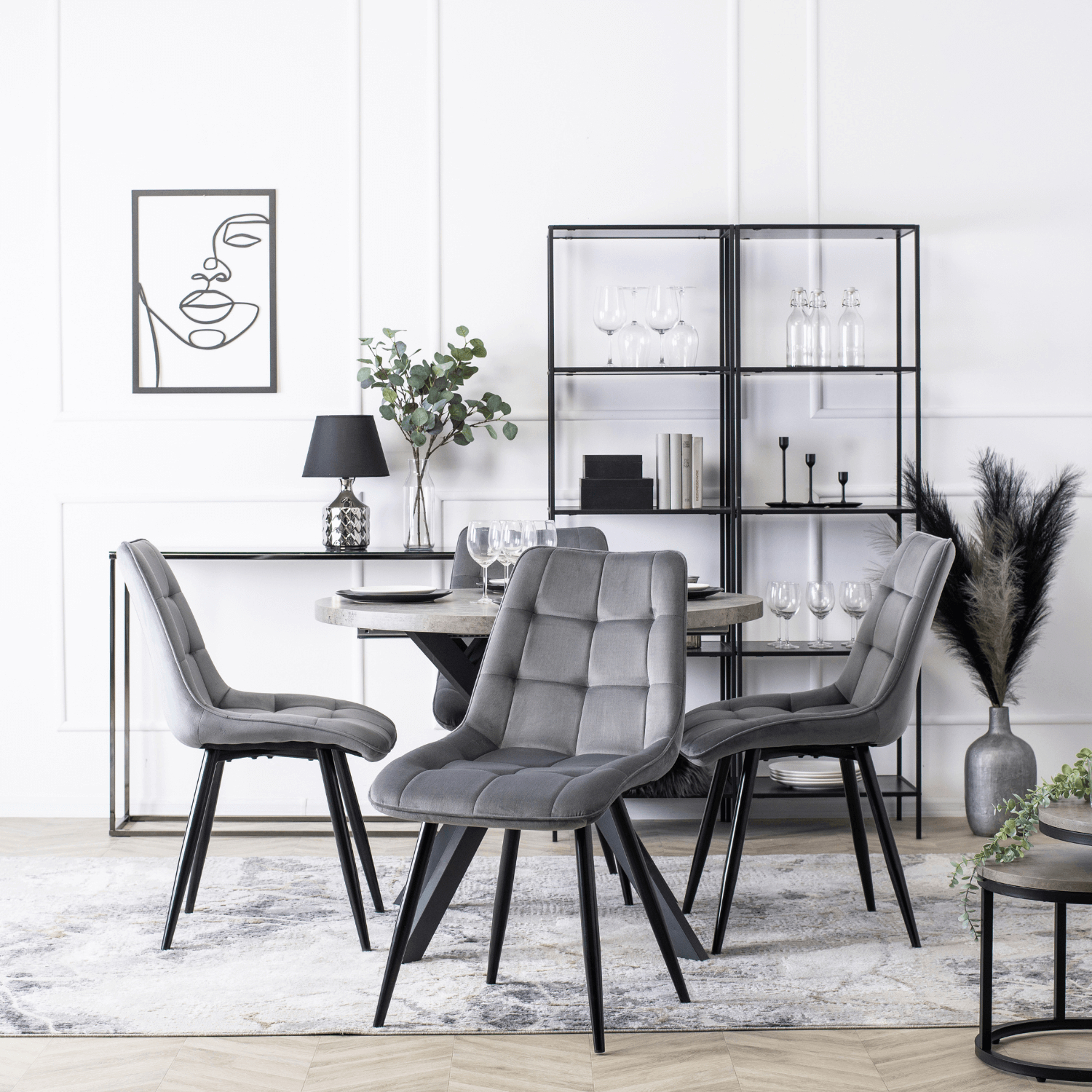 Zestaw Stół Okrągły Rozkładany LUKAS 100-250 i 4 Krzesła Tapicerowane RIO Szare Welurowe LUKAS/BET/CZ/S/RIO/P/V/Z4/K