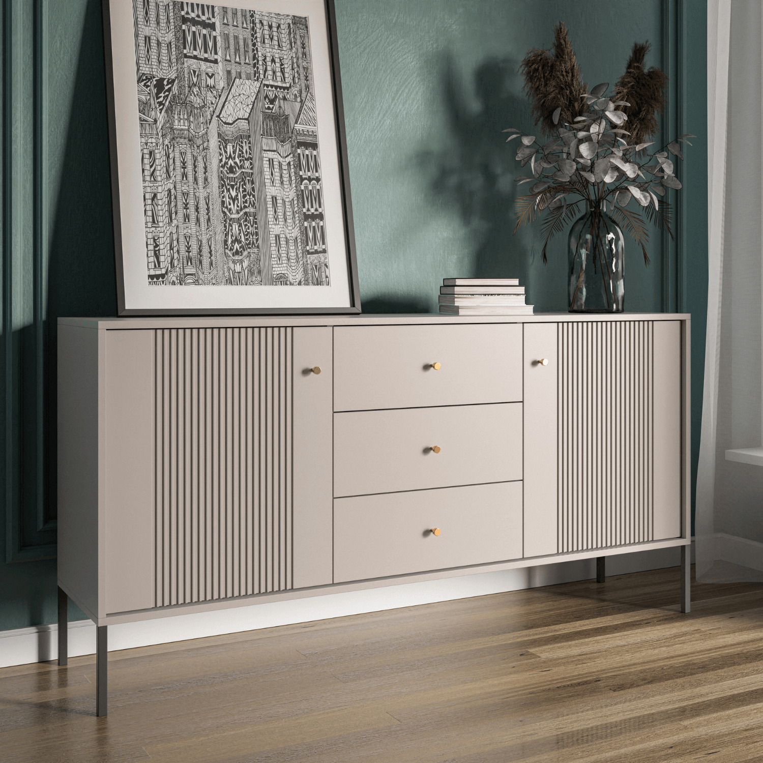 Komoda do Salonu Sypialni SOFT 154 cm Kaszmir Ryflowana Dwudrzwiowa z Szufladami Nowoczesna W.ISEO/KASZ/BZ/KOM2D3S