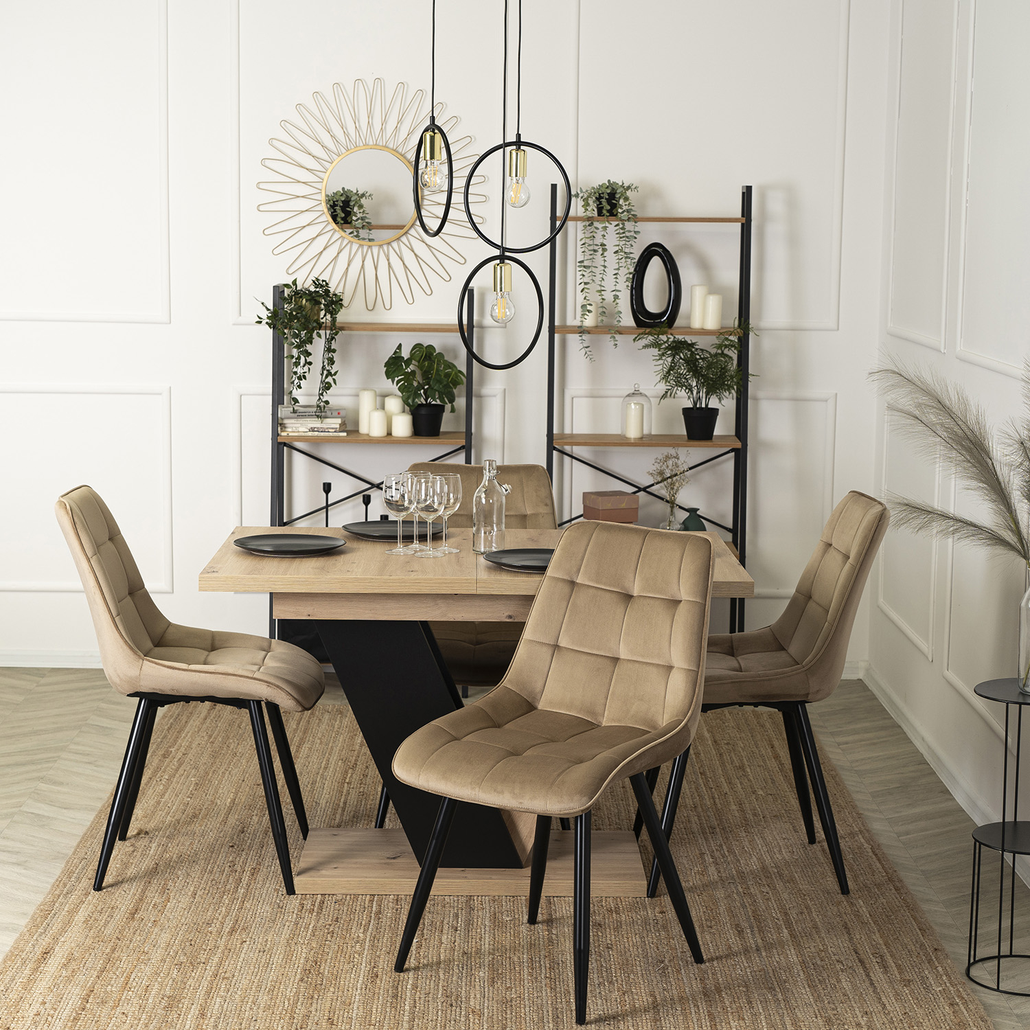 Zestaw Stół Prostokątny Rozkładany CLARK 120-160 cm Dąb Artisan/Czarny i 4 Krzesła Tapicerowane do Jadalni RIO Beżowe Welurowe DUBAJ/A/CZ/S/RIO/BZ/V/Z